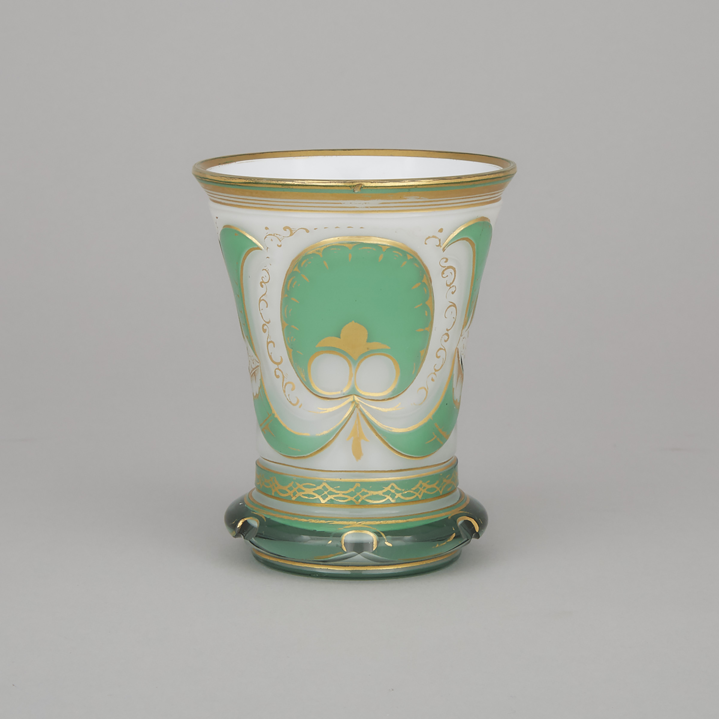 Bohemian Green Overlaid, Cut and Gilt Opaque White Cased Glass Beaker, mid-19th century