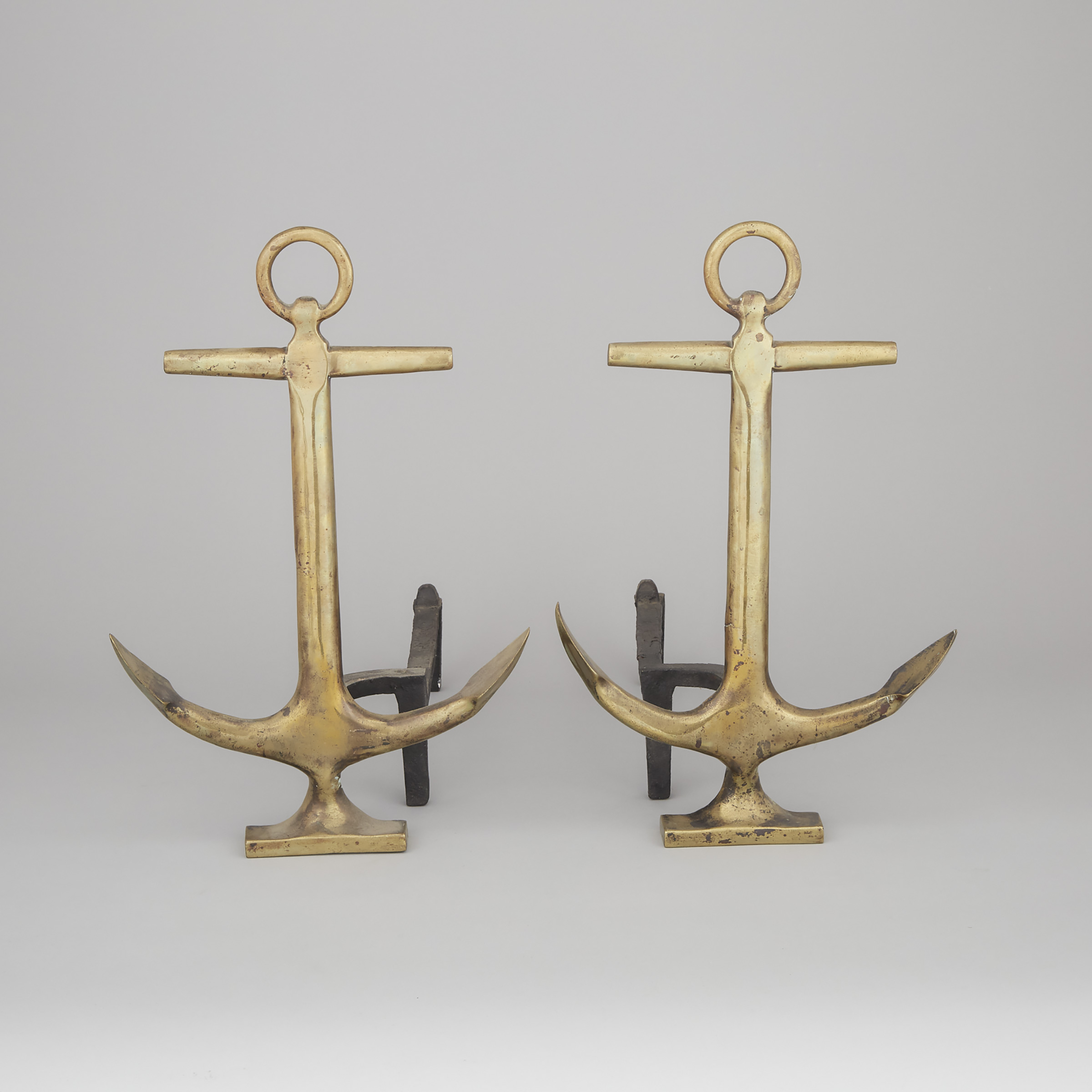Pair of Brass Anchor Form Andirons, early-mid 20th century