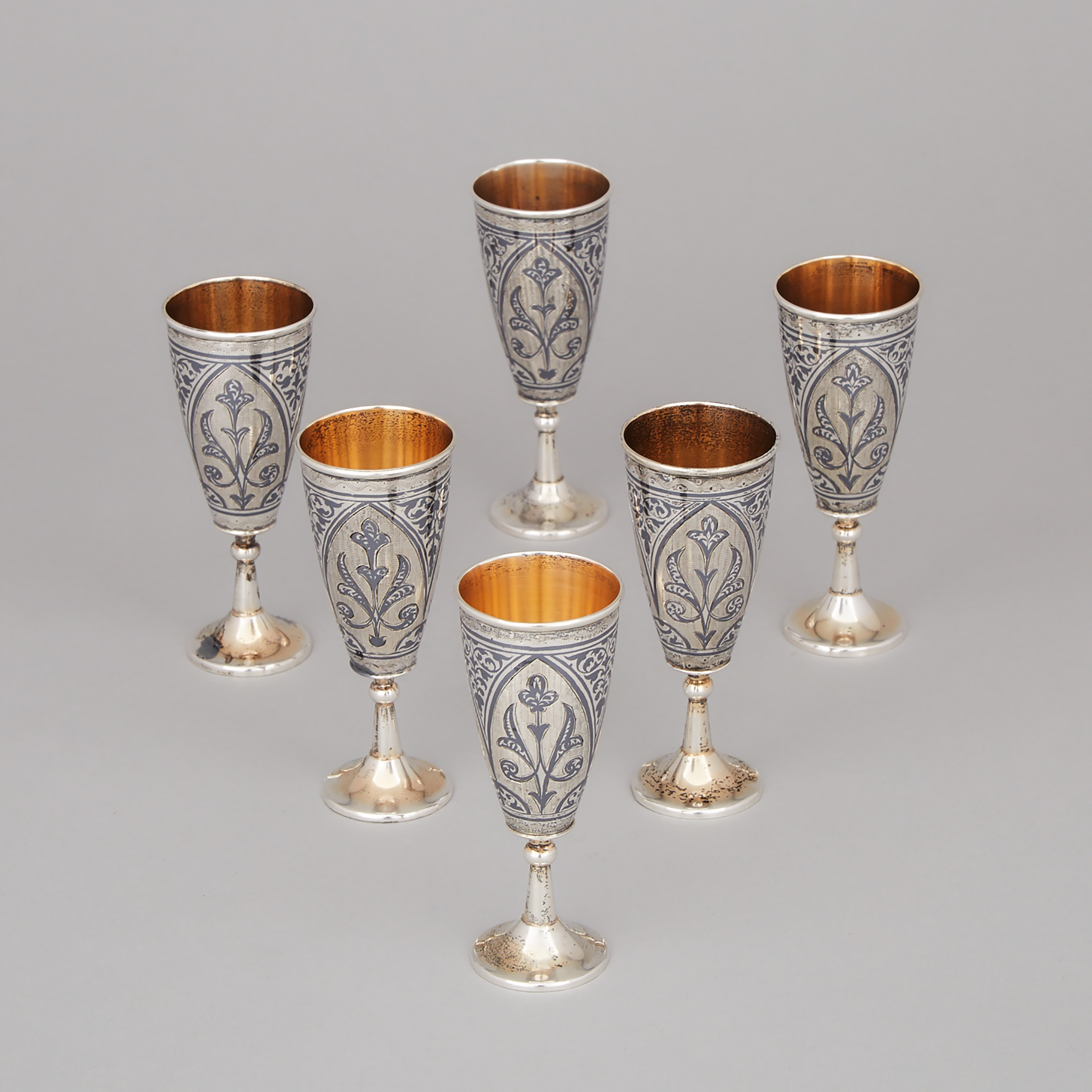 Six Caucasian Nielloed Silver Small Goblets, early 20th century
