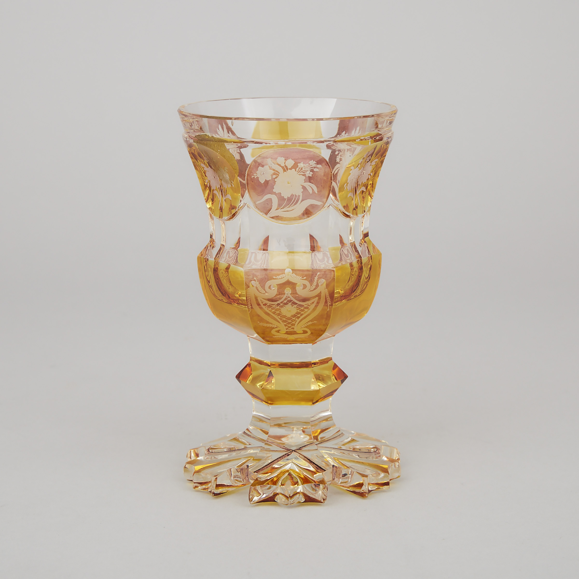 Bohemian Amber Overlaid, Rose Enameled, Cut and Etched Glass Goblet, mid-19th century
