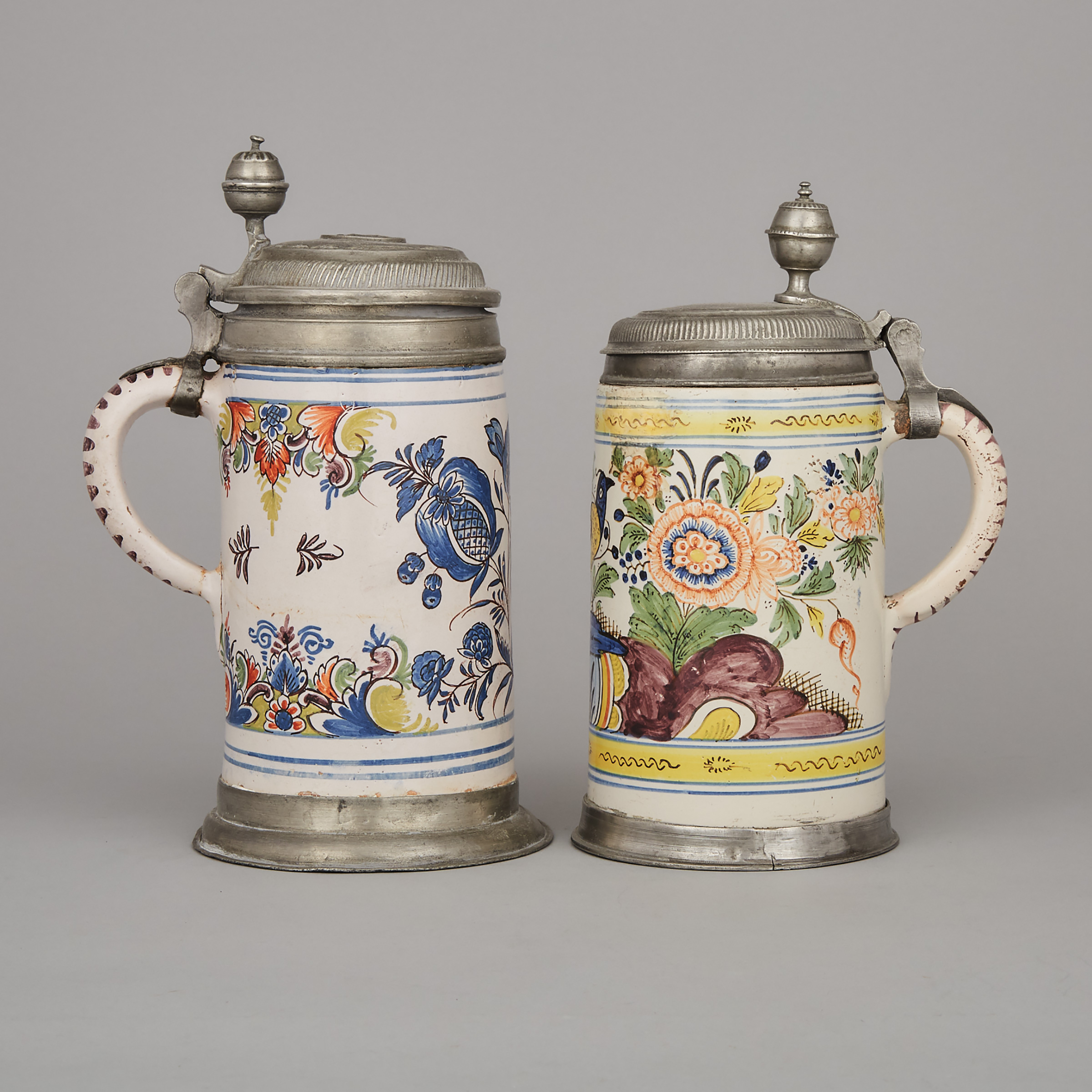 Two German Pewter Mounted Faience Steins, late 18th century