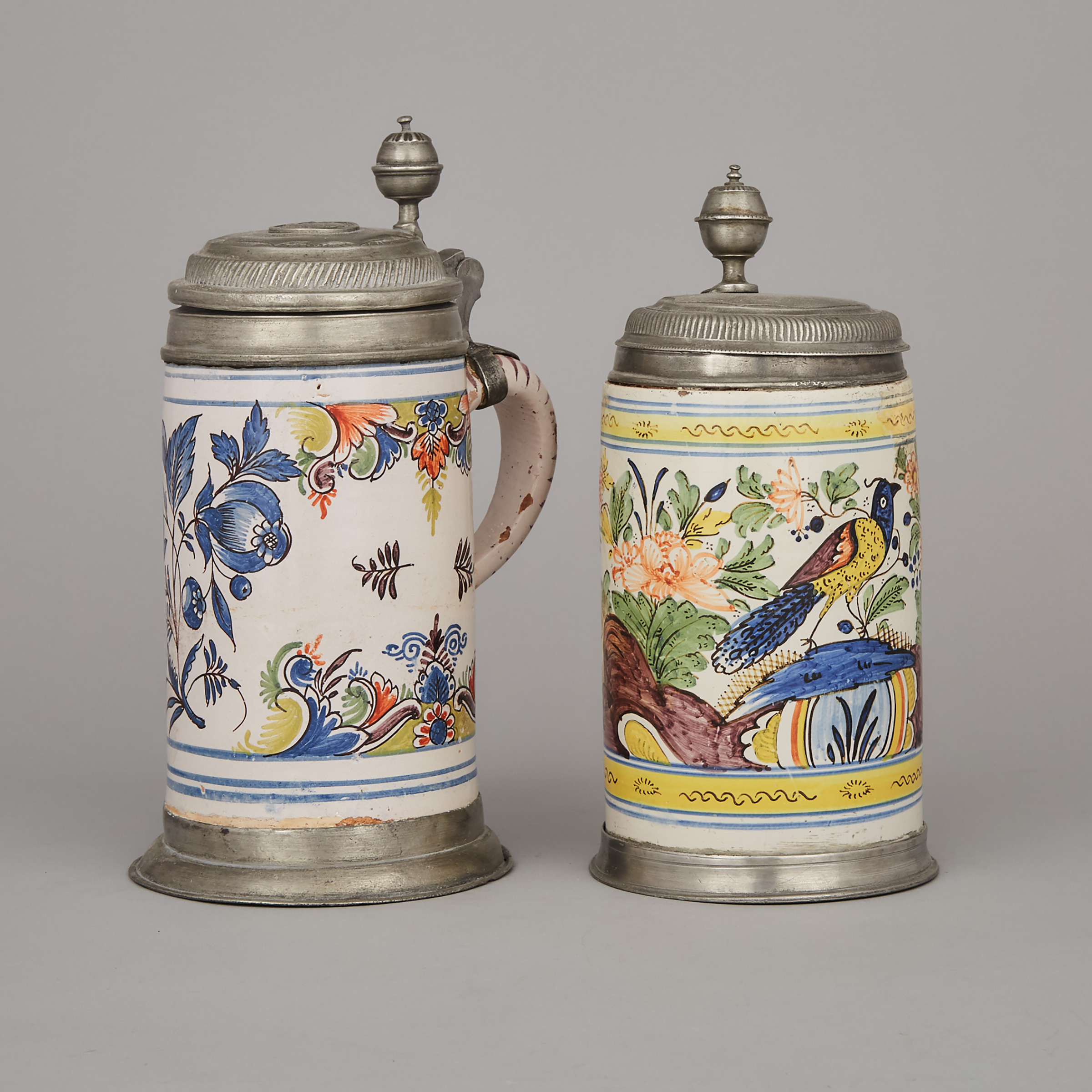 Two German Pewter Mounted Faience Steins, late 18th century