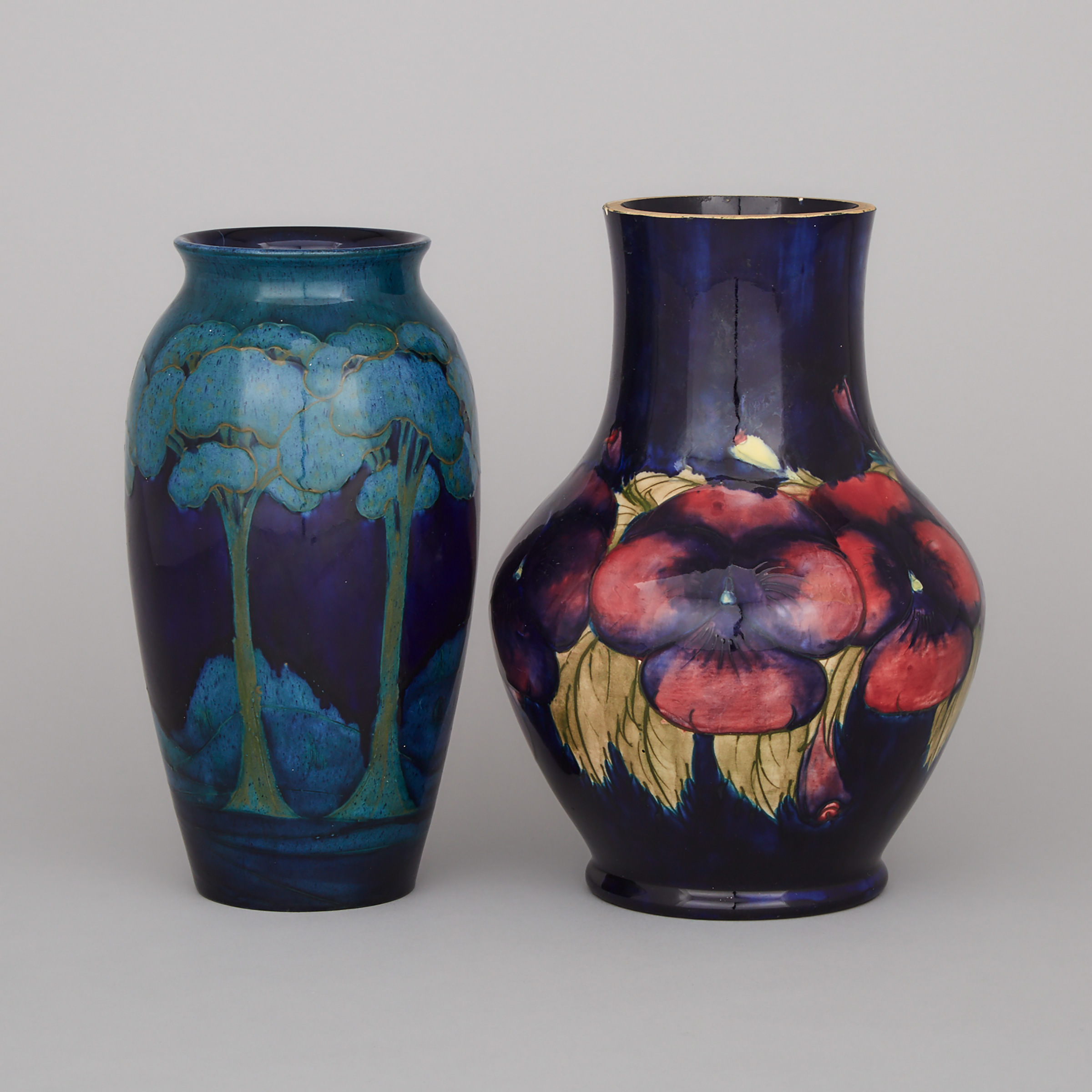 Moorcroft Moonlit Blue Vase and a Pansy Vase, c.1925
