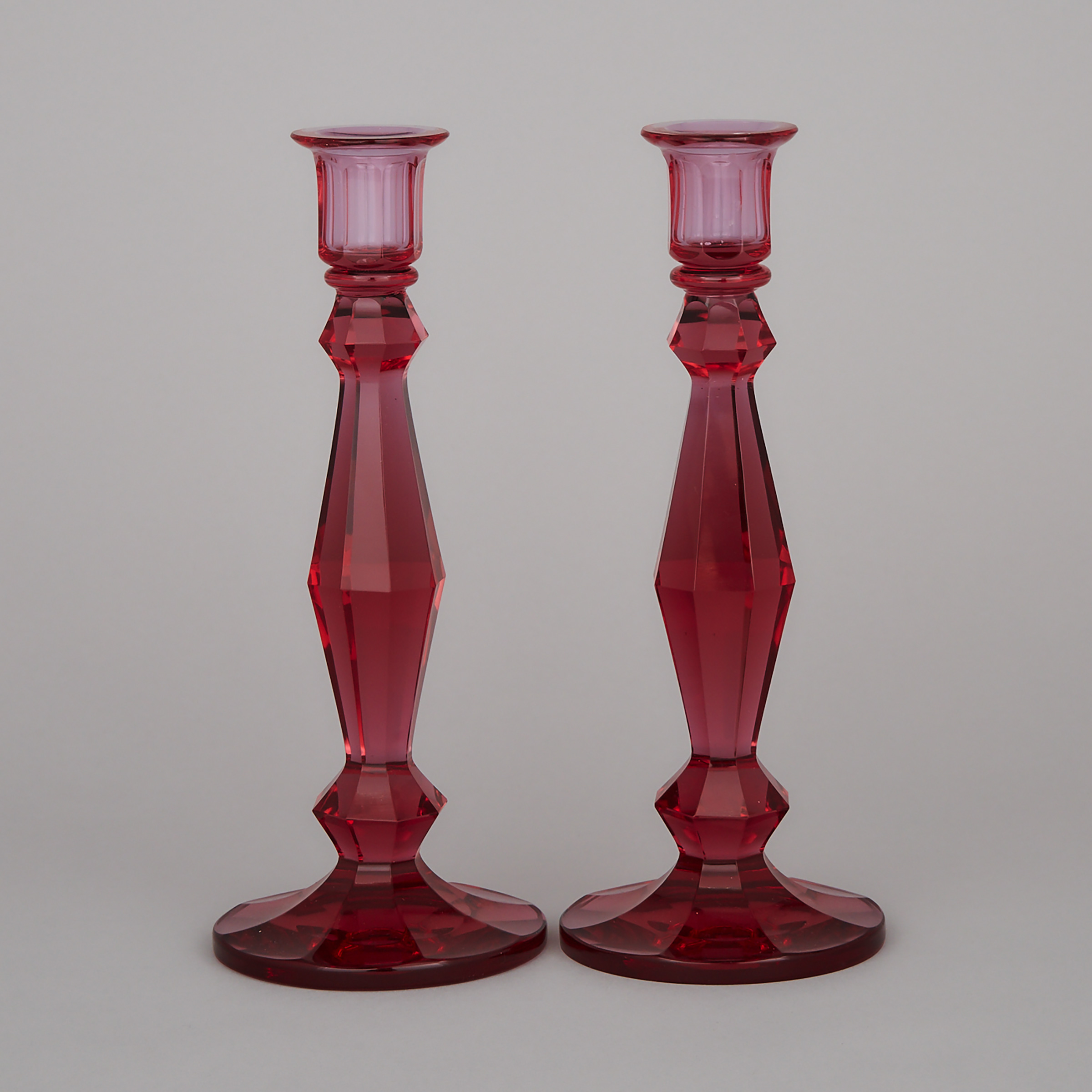Pair of Moser 'Royalit' Cut Amethyst Glass Table Candlesticks, 20th century