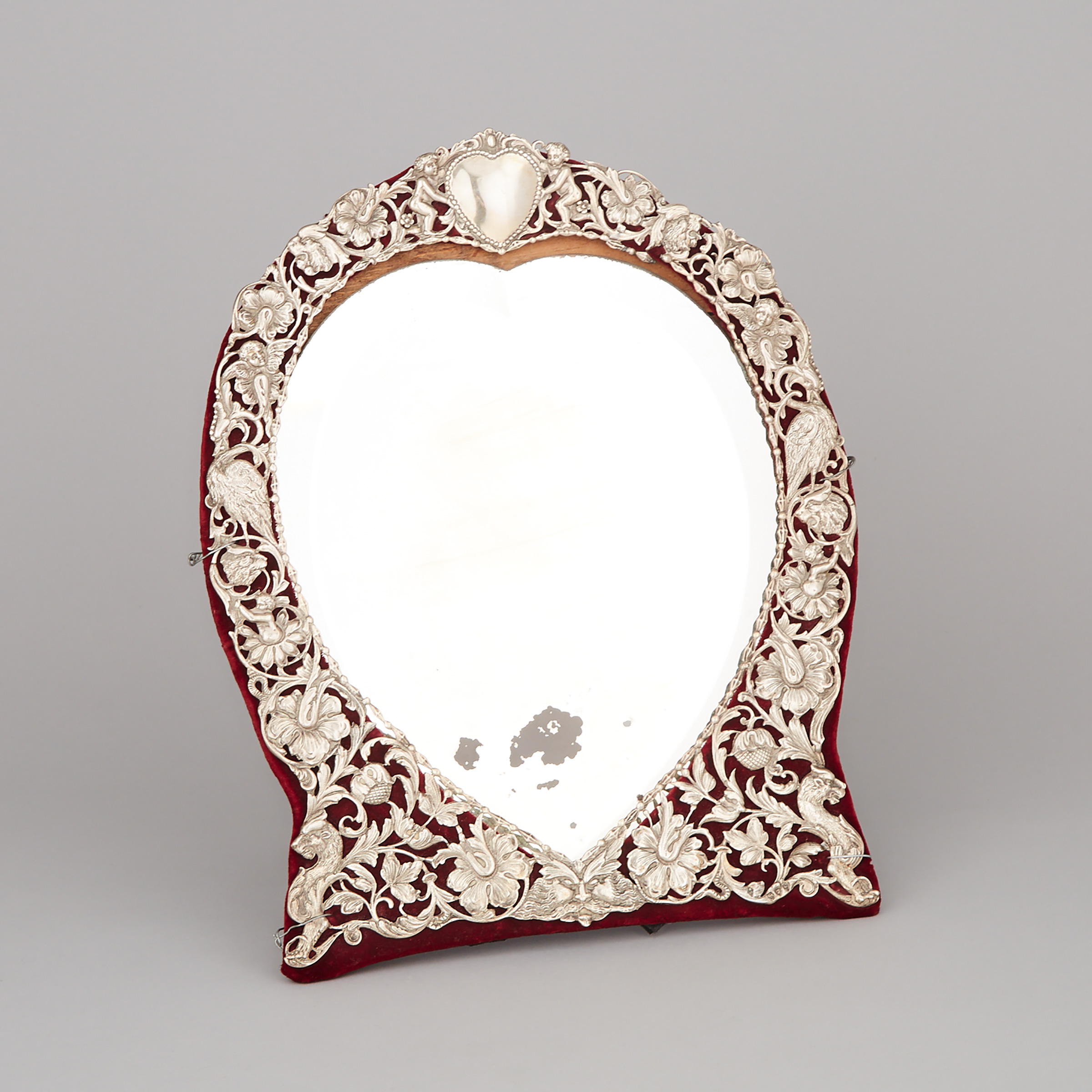 Late Victorian Silver Framed Heart-Shaped Strut Mirror, William Comyns, London, 1893