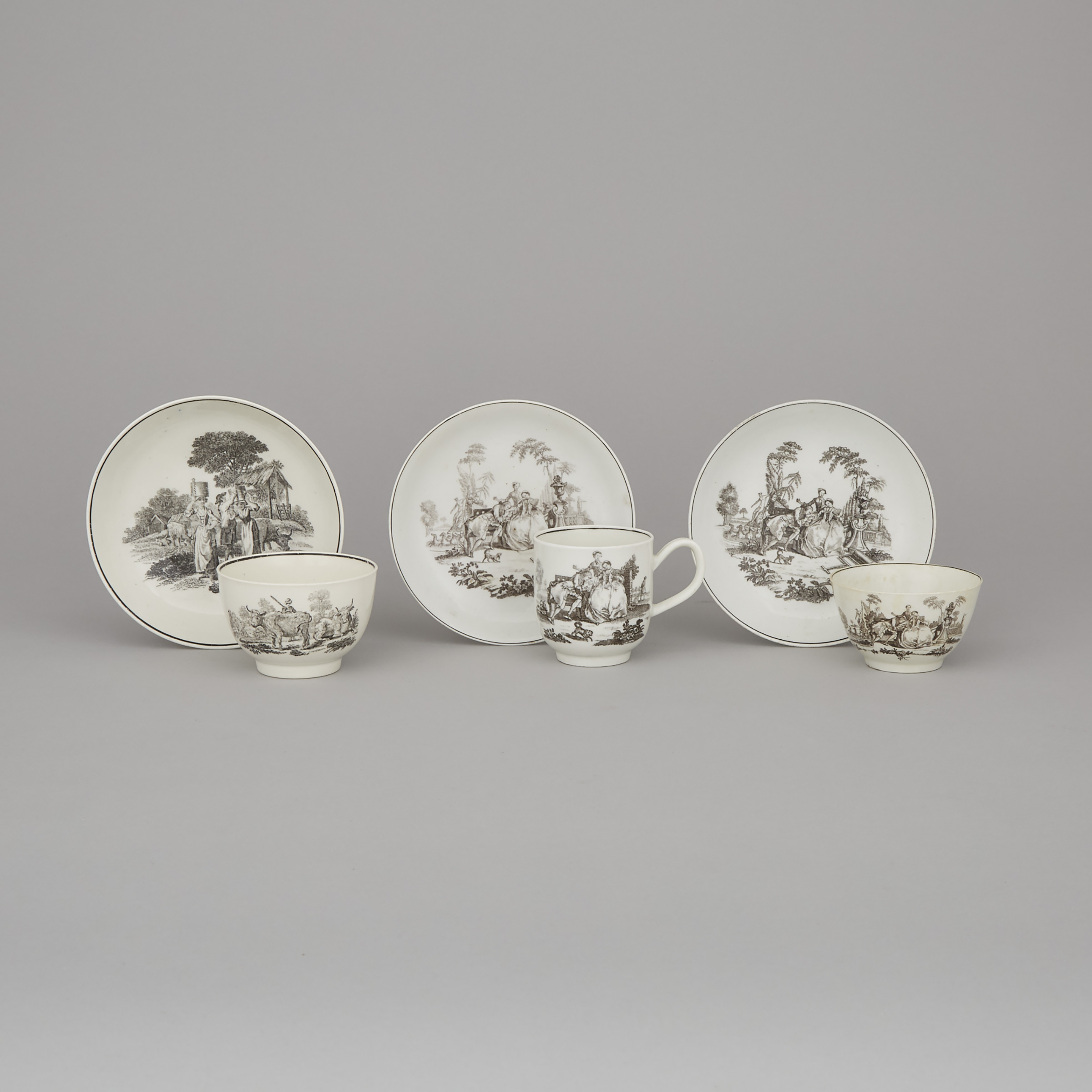 Two Worcester Black Printed 'L'Amour' and 'Milkmaids' Pattern Tea Bowls and a 'L'Amour' Coffee Cup with Saucers, Robert Hancock, c.1760