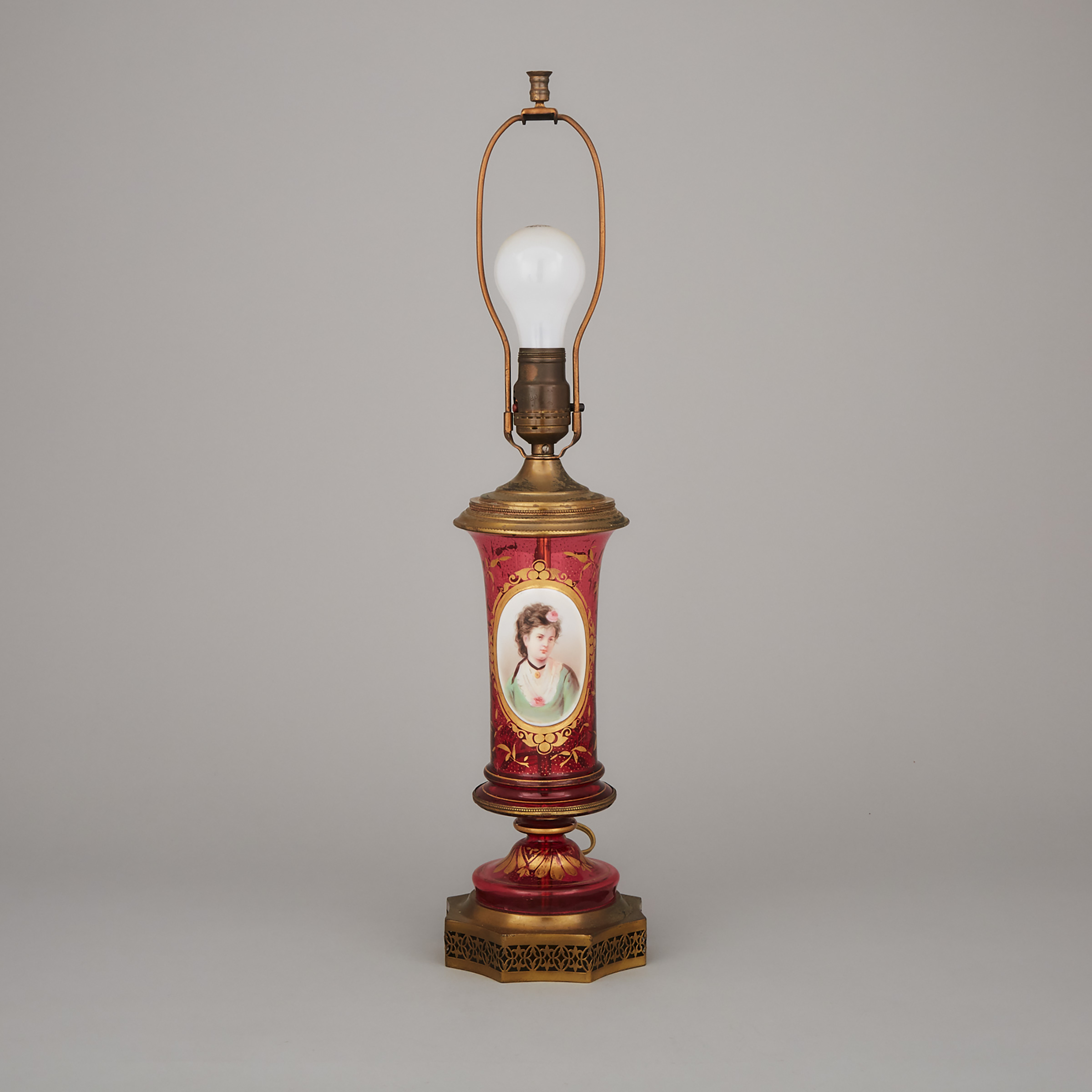 Bohemian Overlaid, Enameled and Gilt Red Glass Portrait Table Lamp, late 19th century