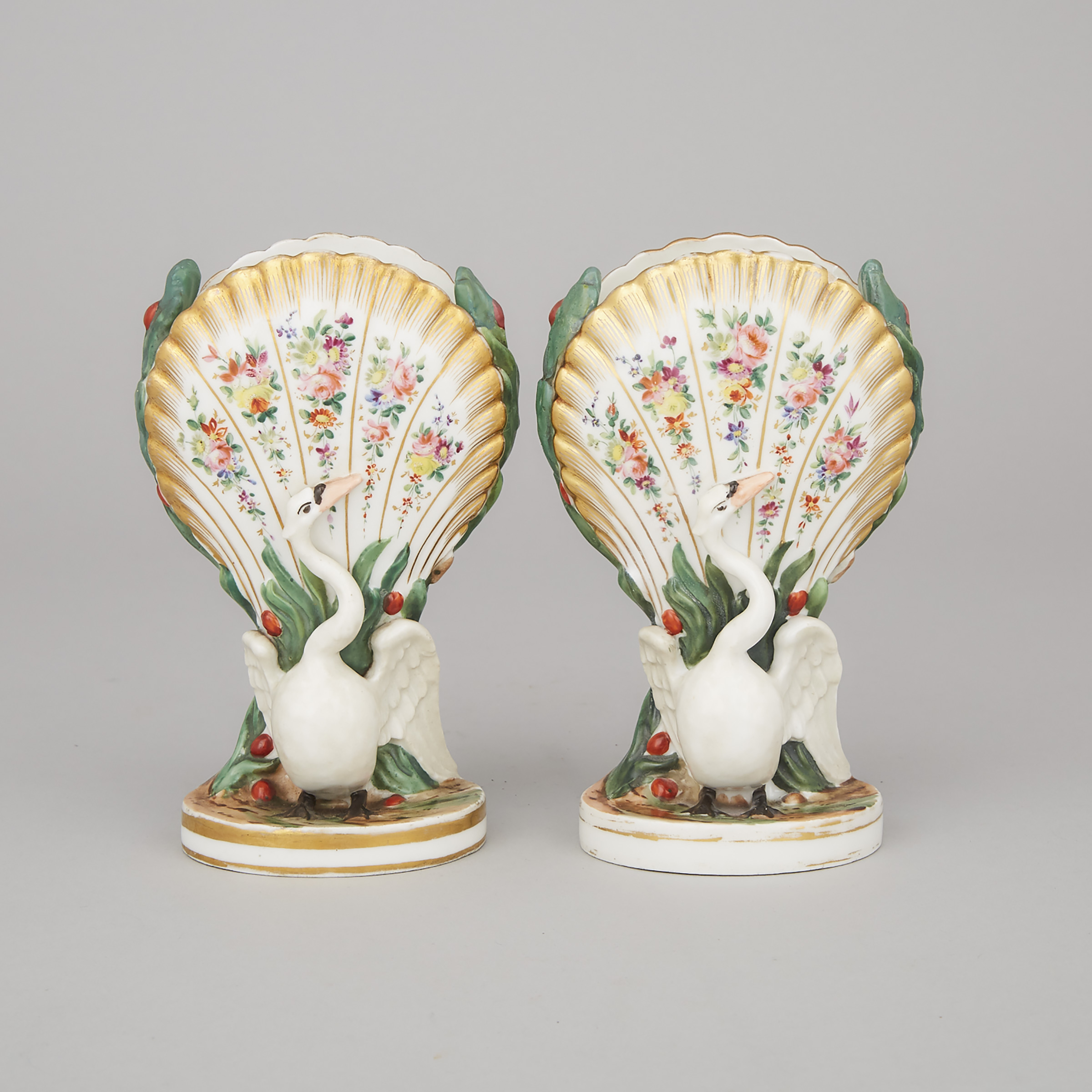 Pair of Jacob Petit Swan and Shell Spill Vases, mid-19th century