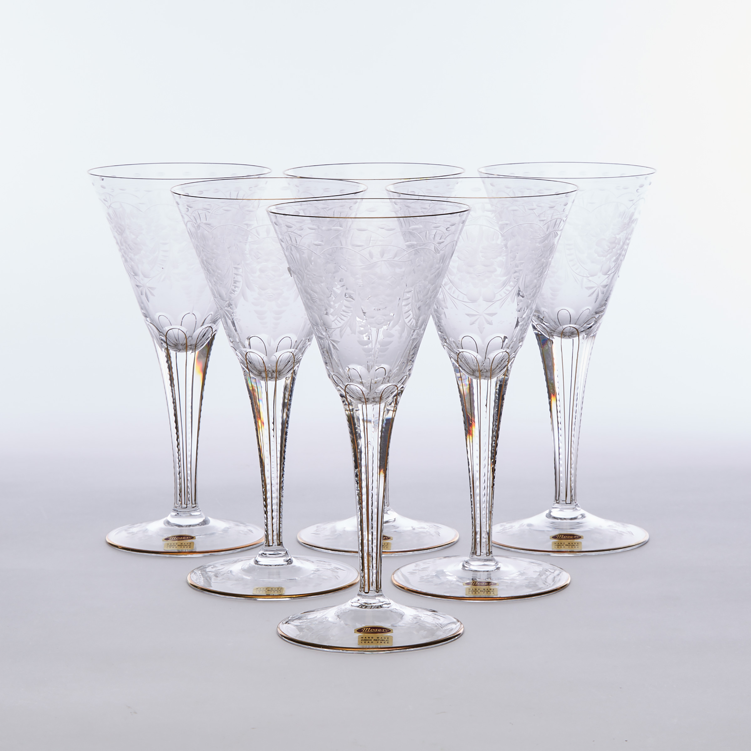 Six Moser 'Maharani' Etched and Gilt Glass Goblets, 20th century