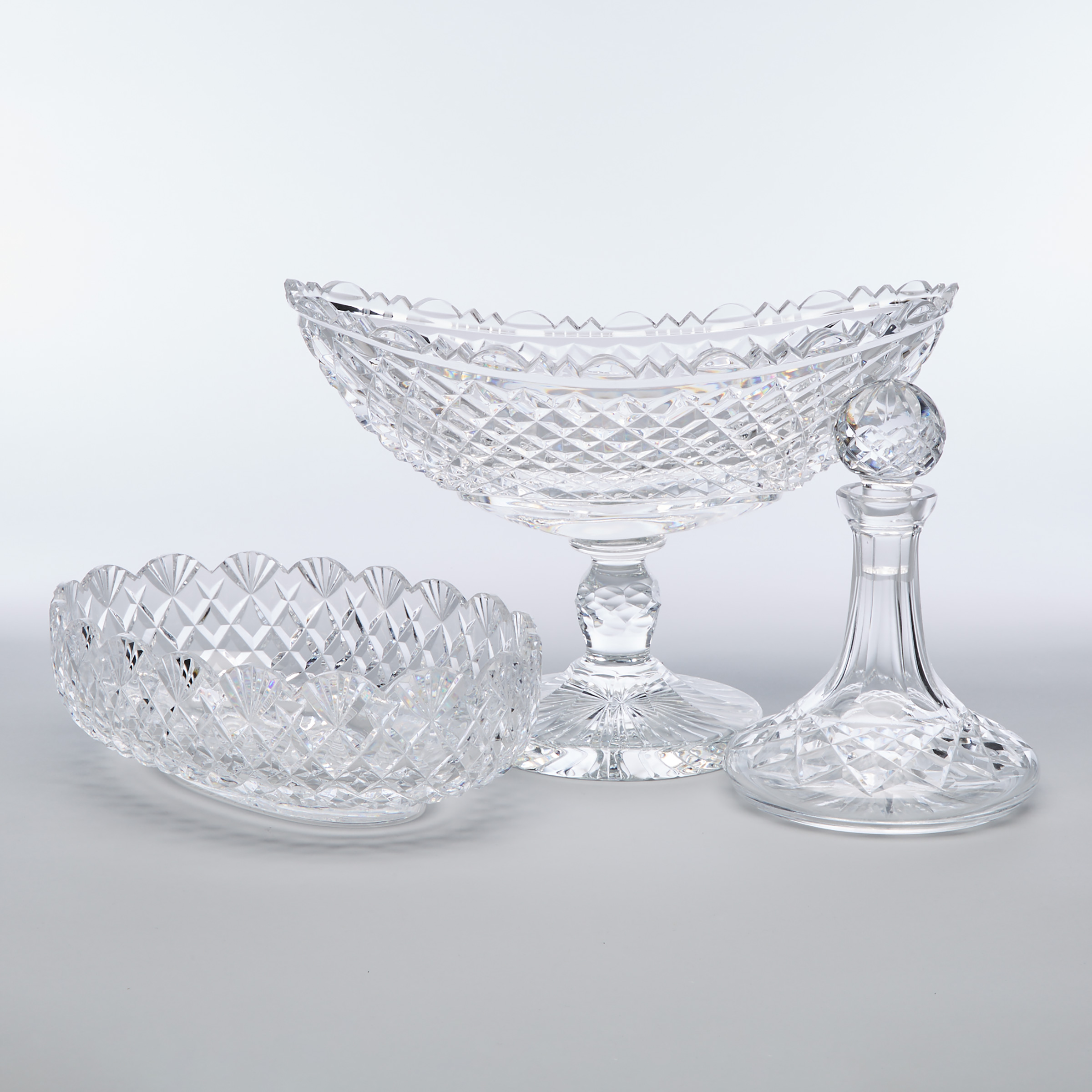Waterford Cut Glass Oval Bowl, Footed Bowl and a Decanter, 20th century