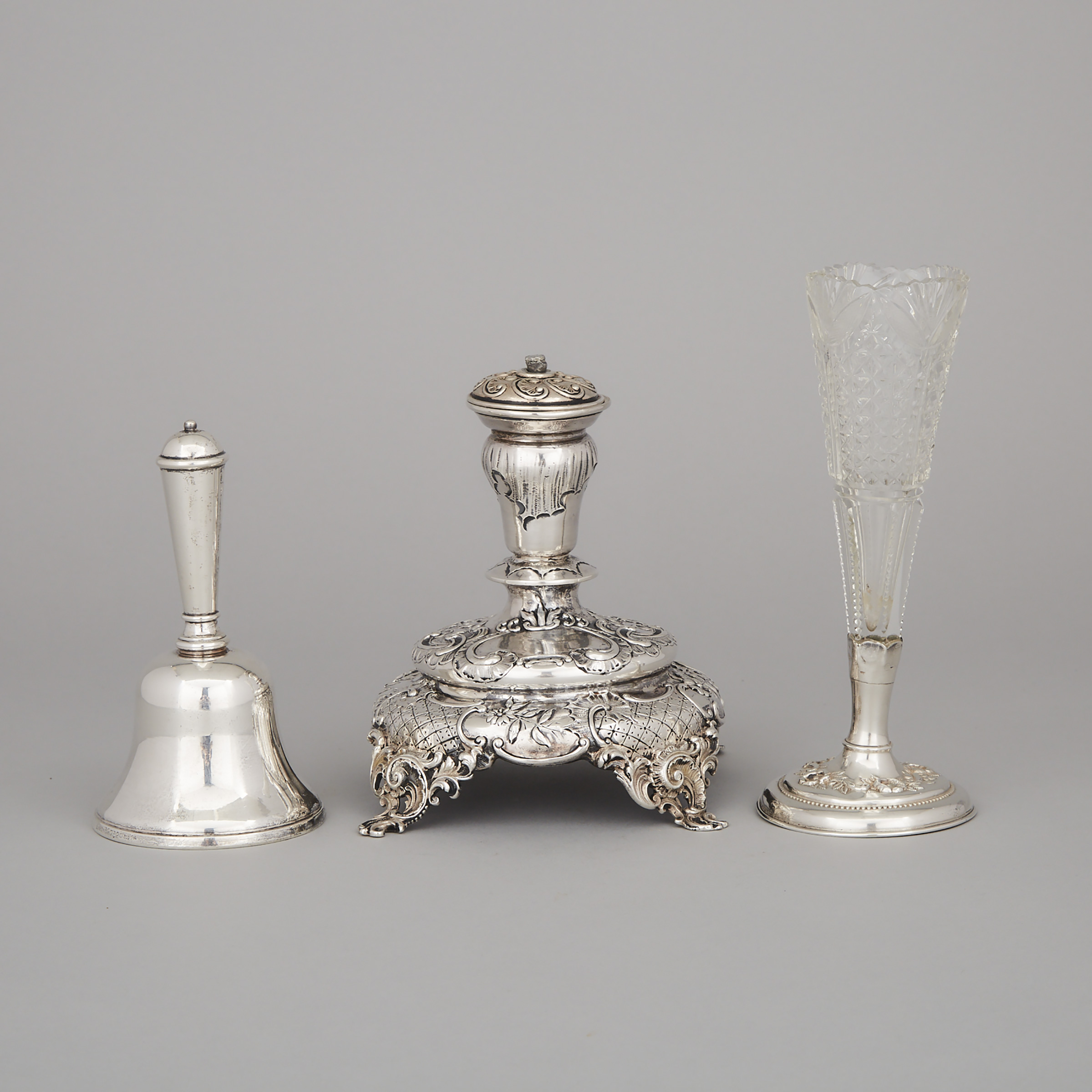German Silver Table Bell, Comport Base and a Canadian Silver Mounted Cut Glass Vase, early 20th century