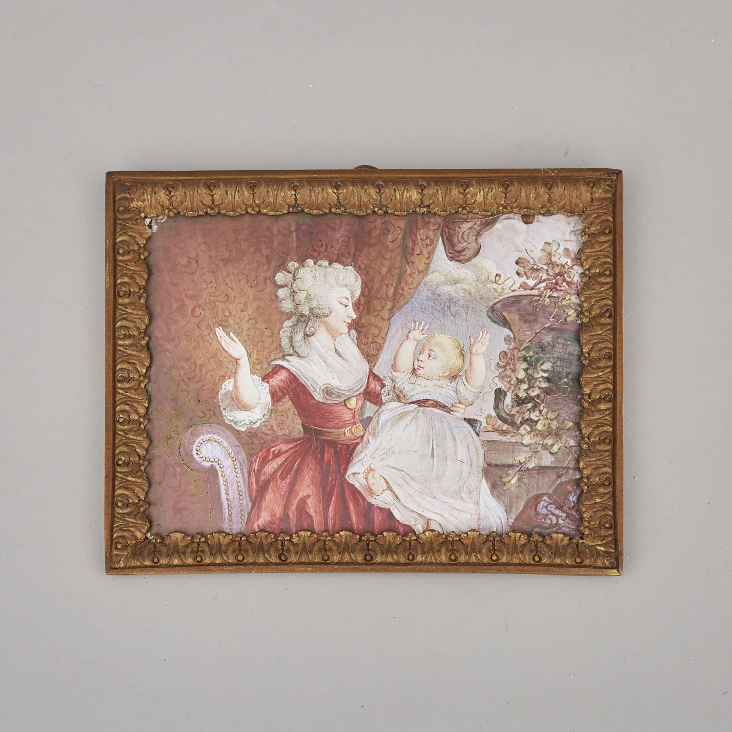 Staffordshire Enamel Plaque of The Duchess of Devonshire and Her Daugher, after the work by Joshua Reynolds, 19th century 