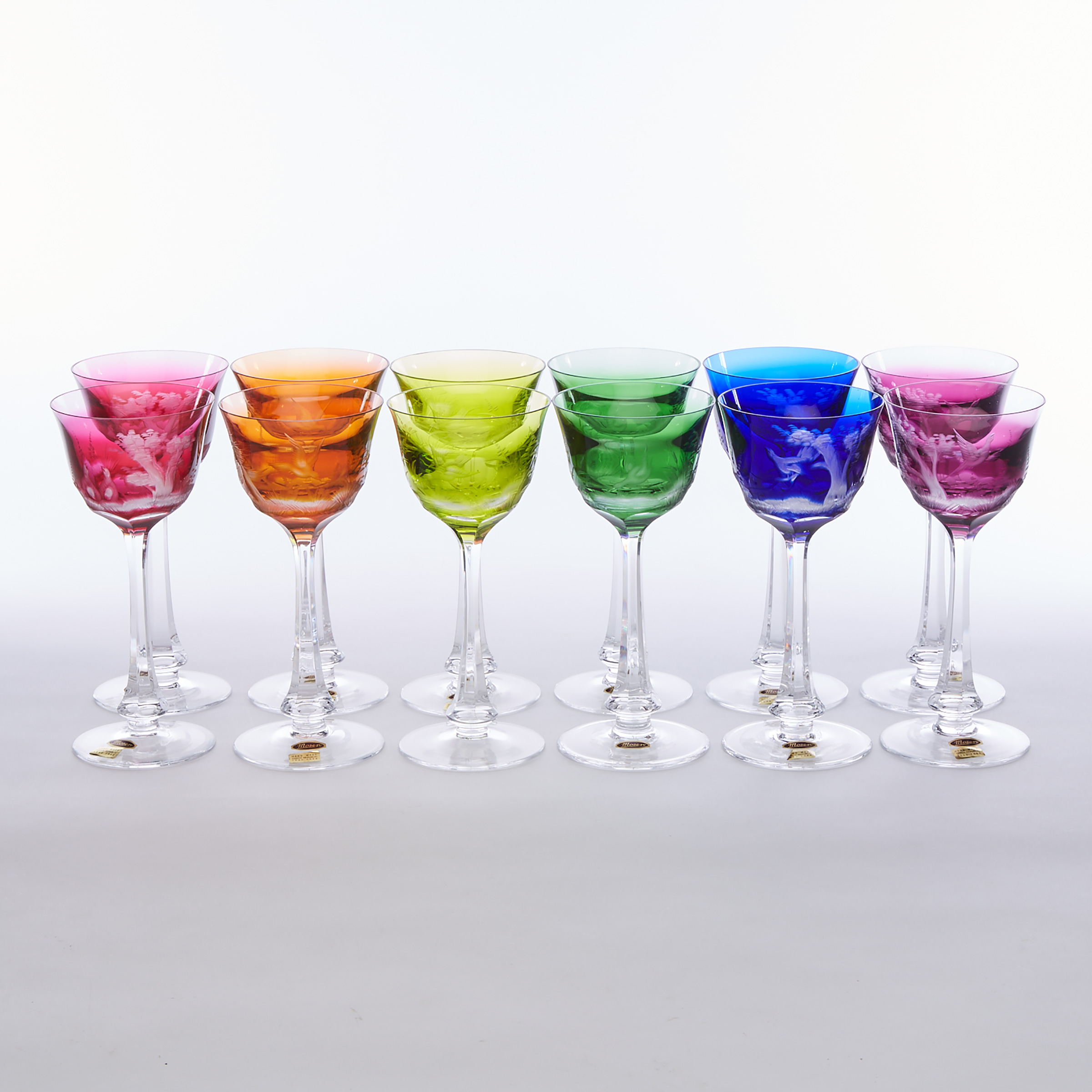 Set of Twelve Moser Colour Overlaid, Etched and Cut Glass Hock Wine Goblets, 20th century