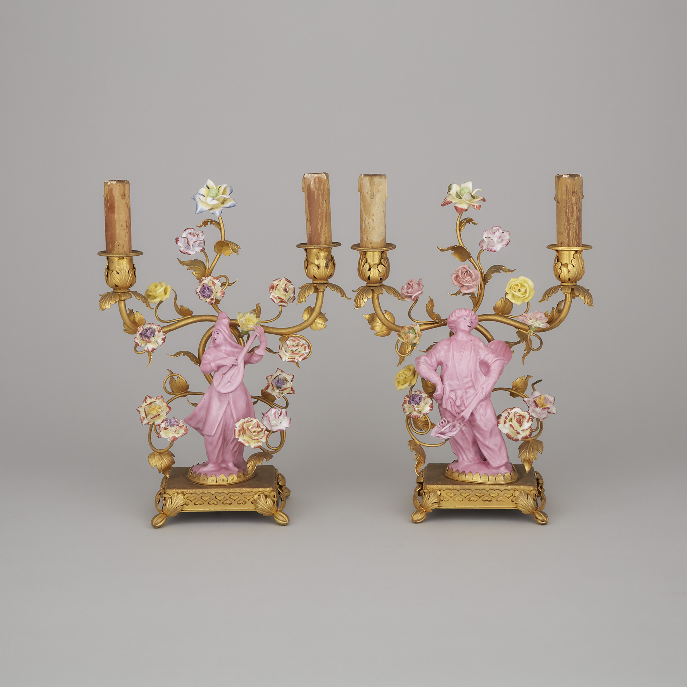 Pair of Porcelain Mounted Orientalist Figural Candelabra Table Lamps, early 20th century 