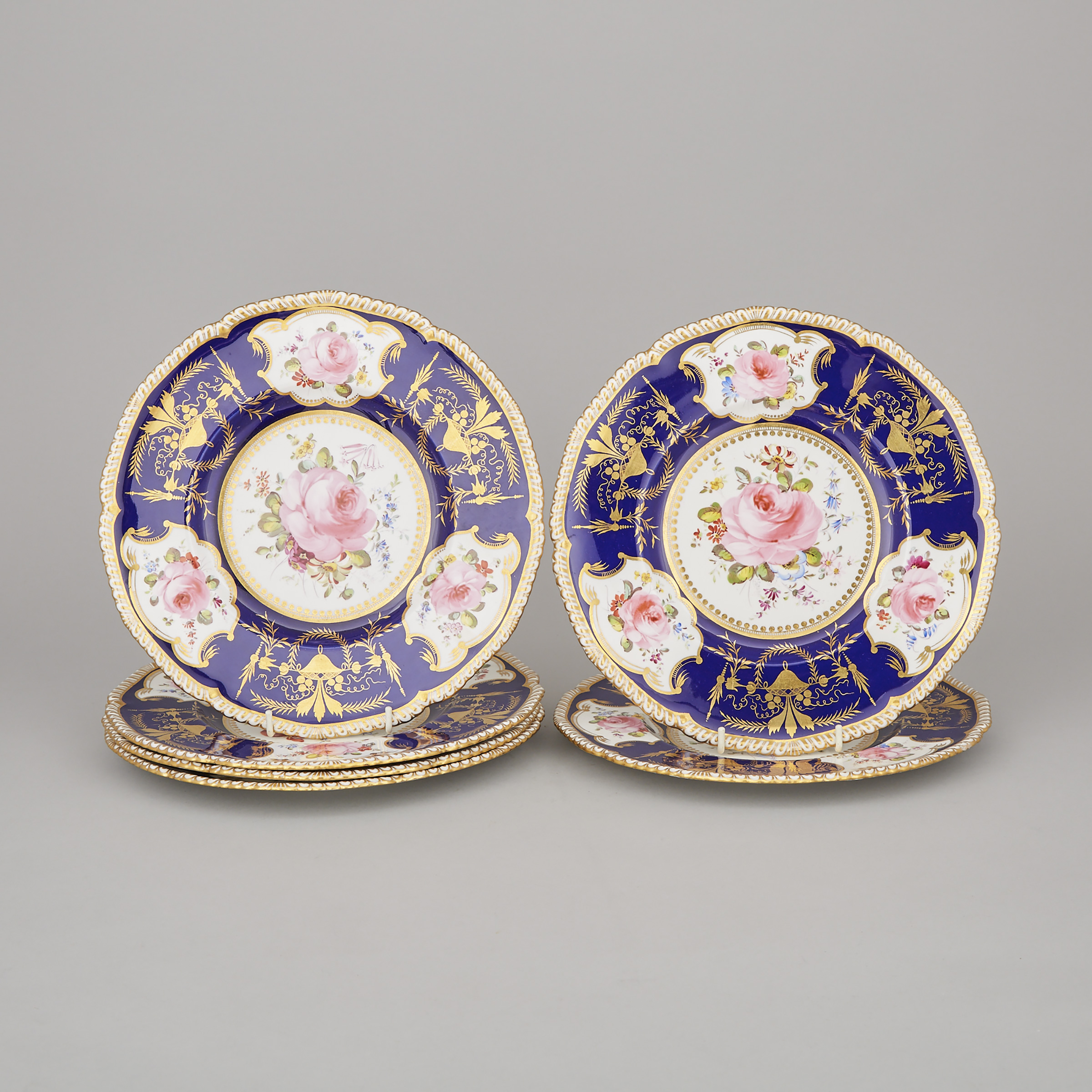 Six Royal Crown Derby Floral Paneled Blue Ground Service Plates, Cuthbert Gresley, 1932