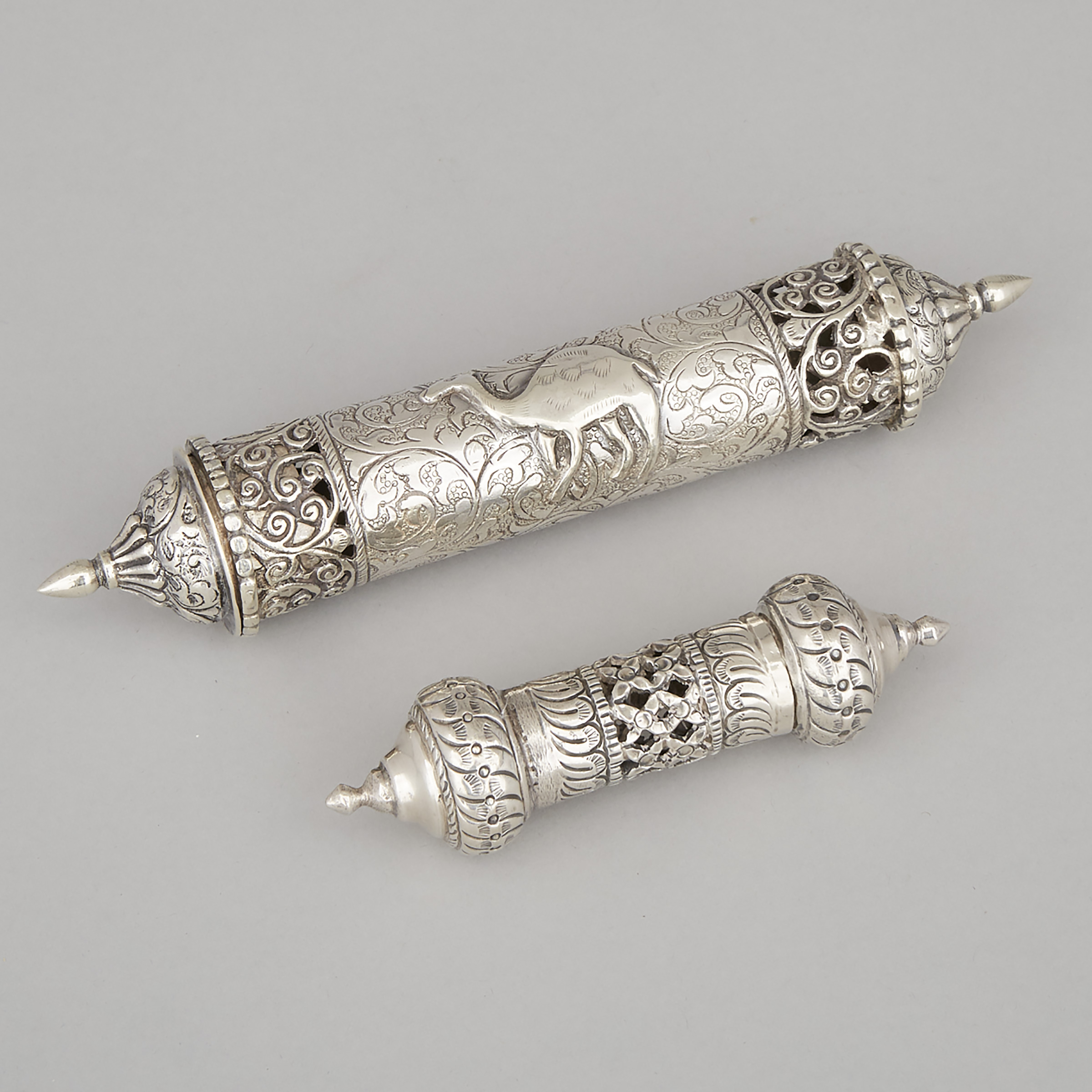 Two Middle Eastern Silver Scroll Cases, late 19th/early 20th century