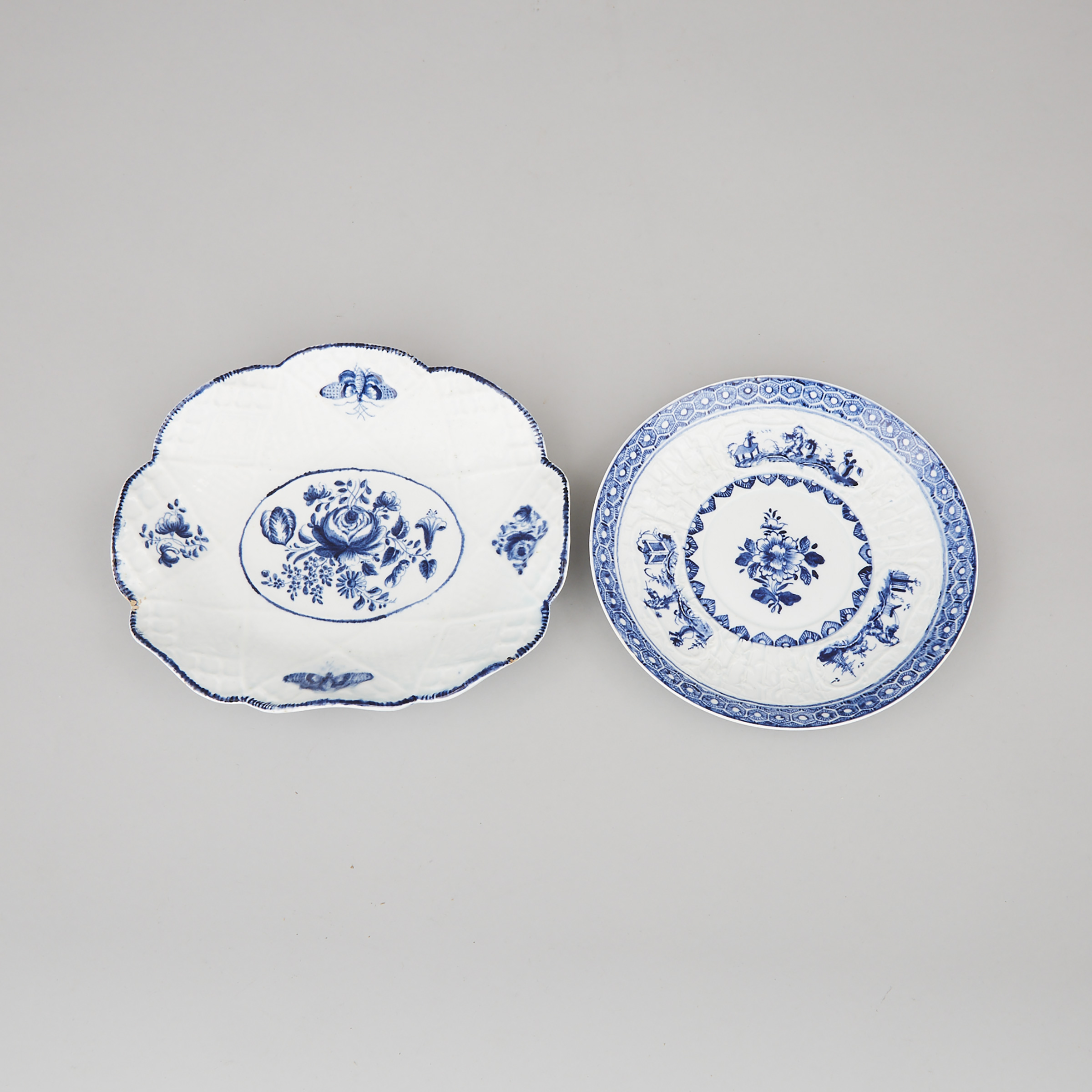 Two Bow Blue and White Moulded Dish Stands, c.1765