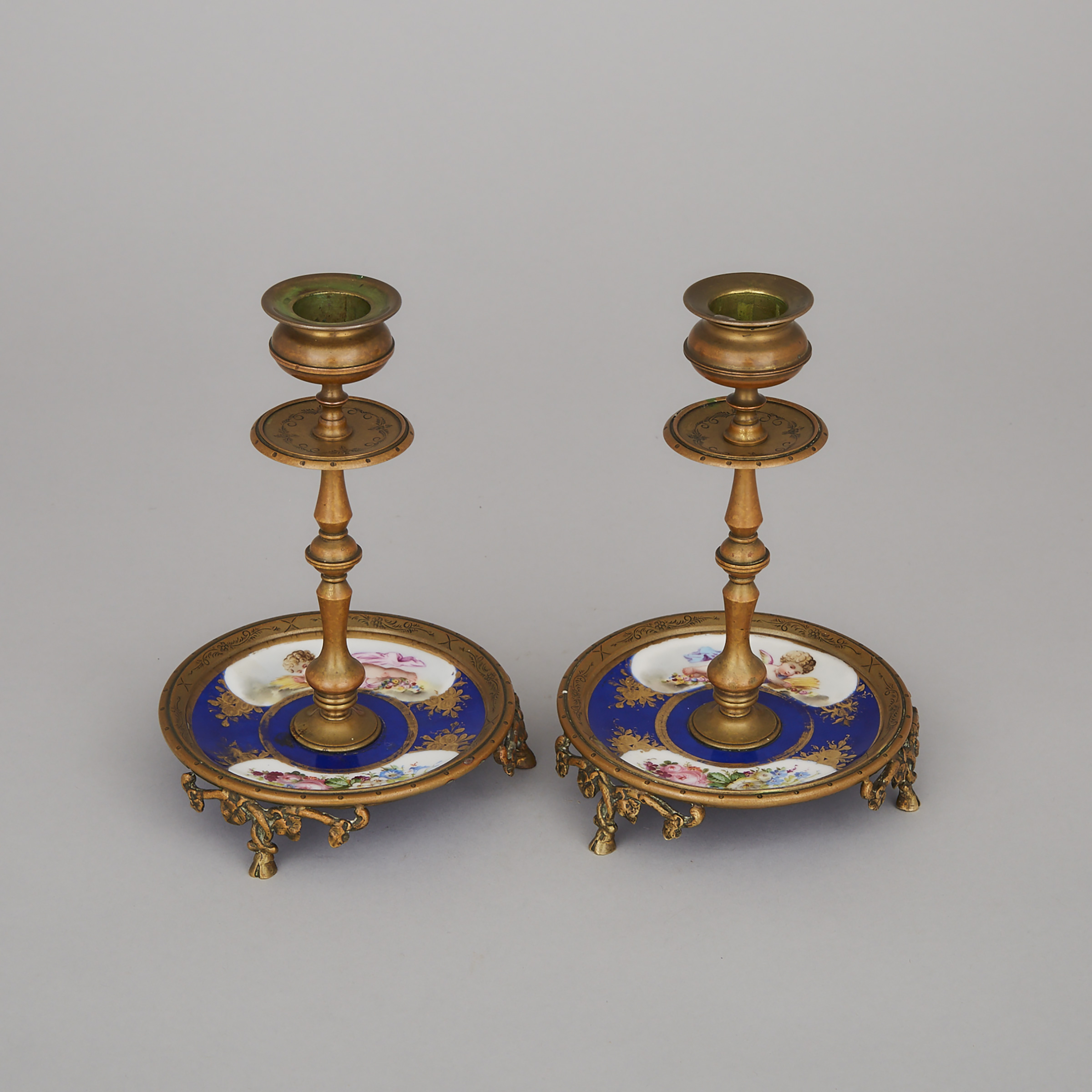 Pair of Sevres Style Porcelain Mounted Gilt Bronze Candlesticks, mid 19th century