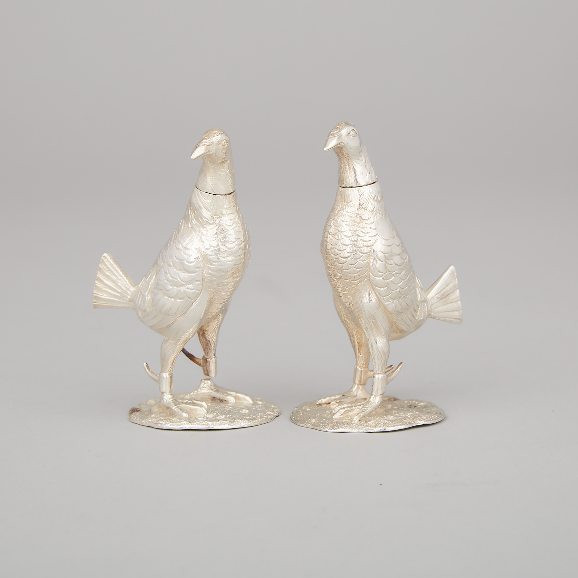Pair of Edwardian Silver Fighting Cock Pepper Casters, Thomas of New Bond St., London, 1907/12
