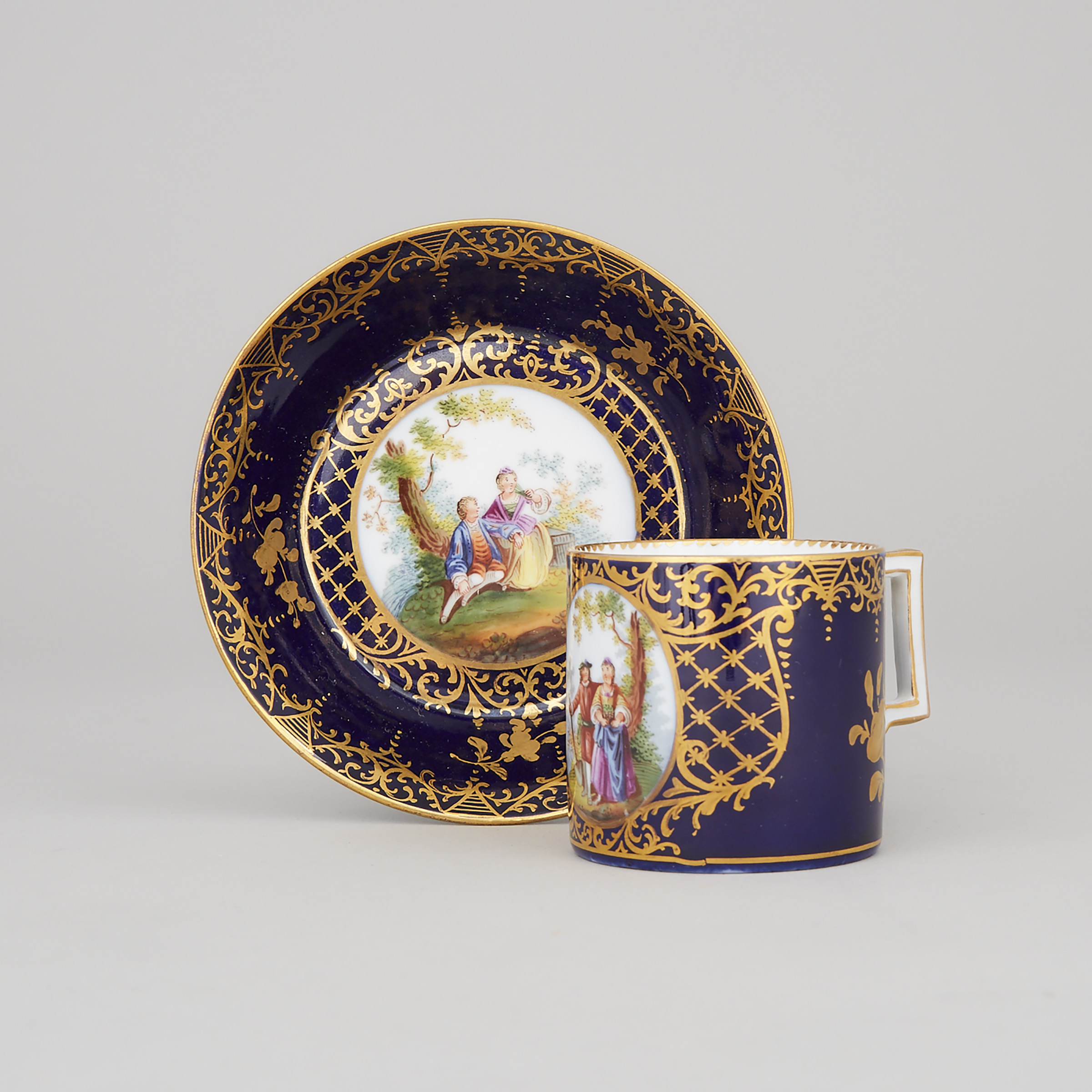 'Vienna' Blue Ground Coffee Can and Saucer, c.1900