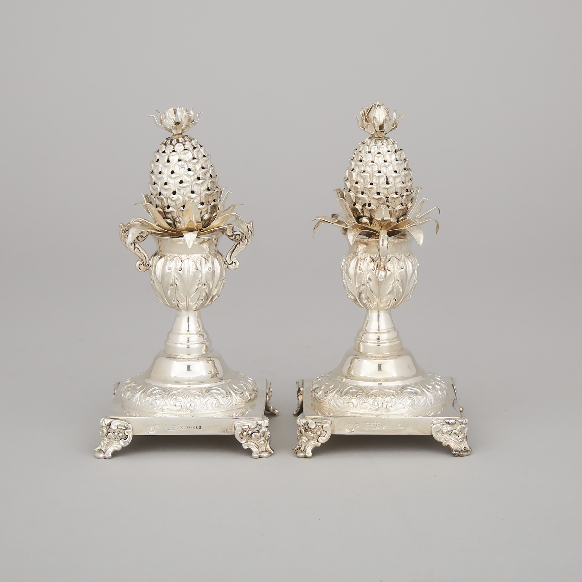 Pair of Portuguese Silver Pineapple Toothpick Holders, Oporto, 20th century