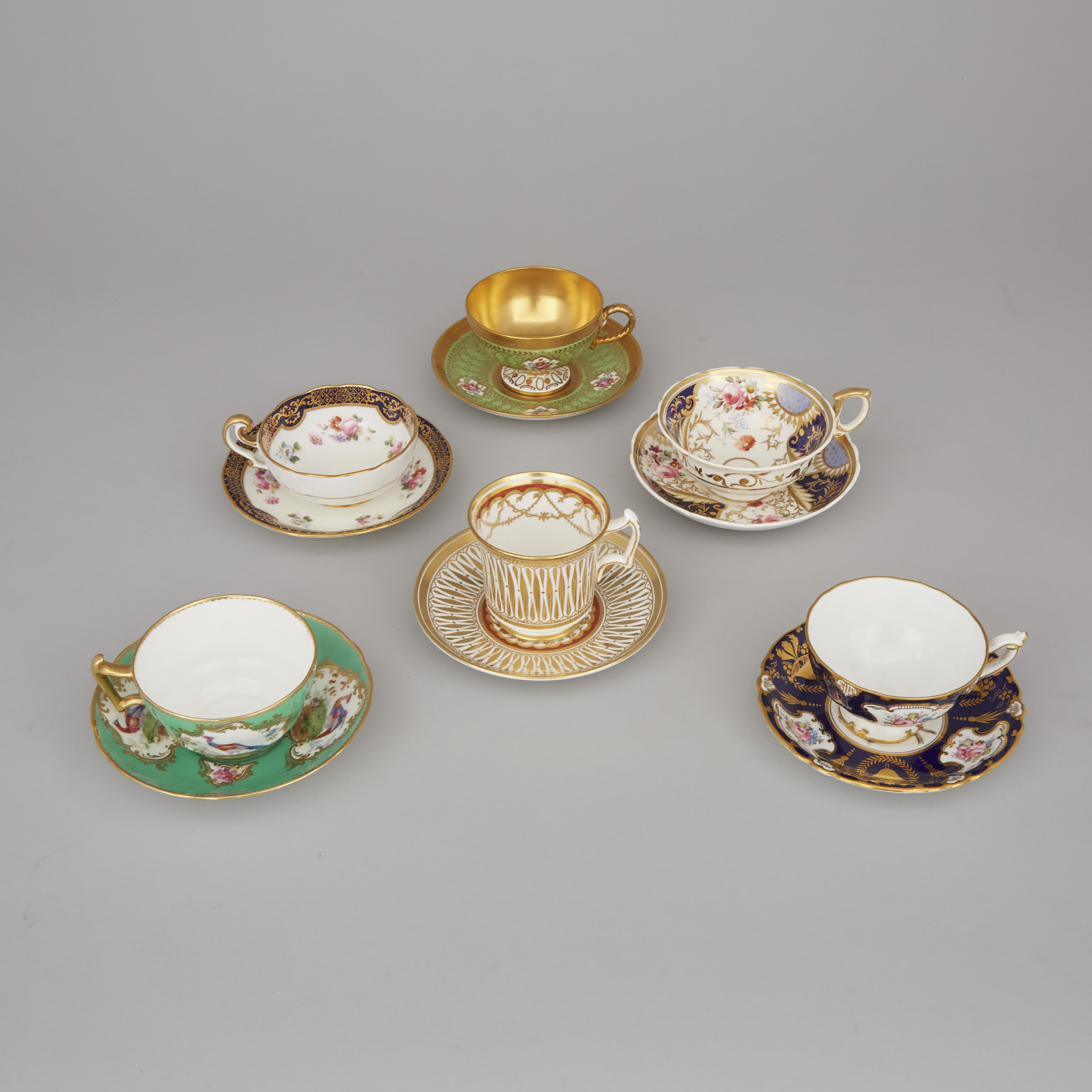 Six Various Royal Crown Derby, Cauldon, Royal Doulton, Hammersley, and Royal Chelsea Tea Cups and Saucers, 20th century