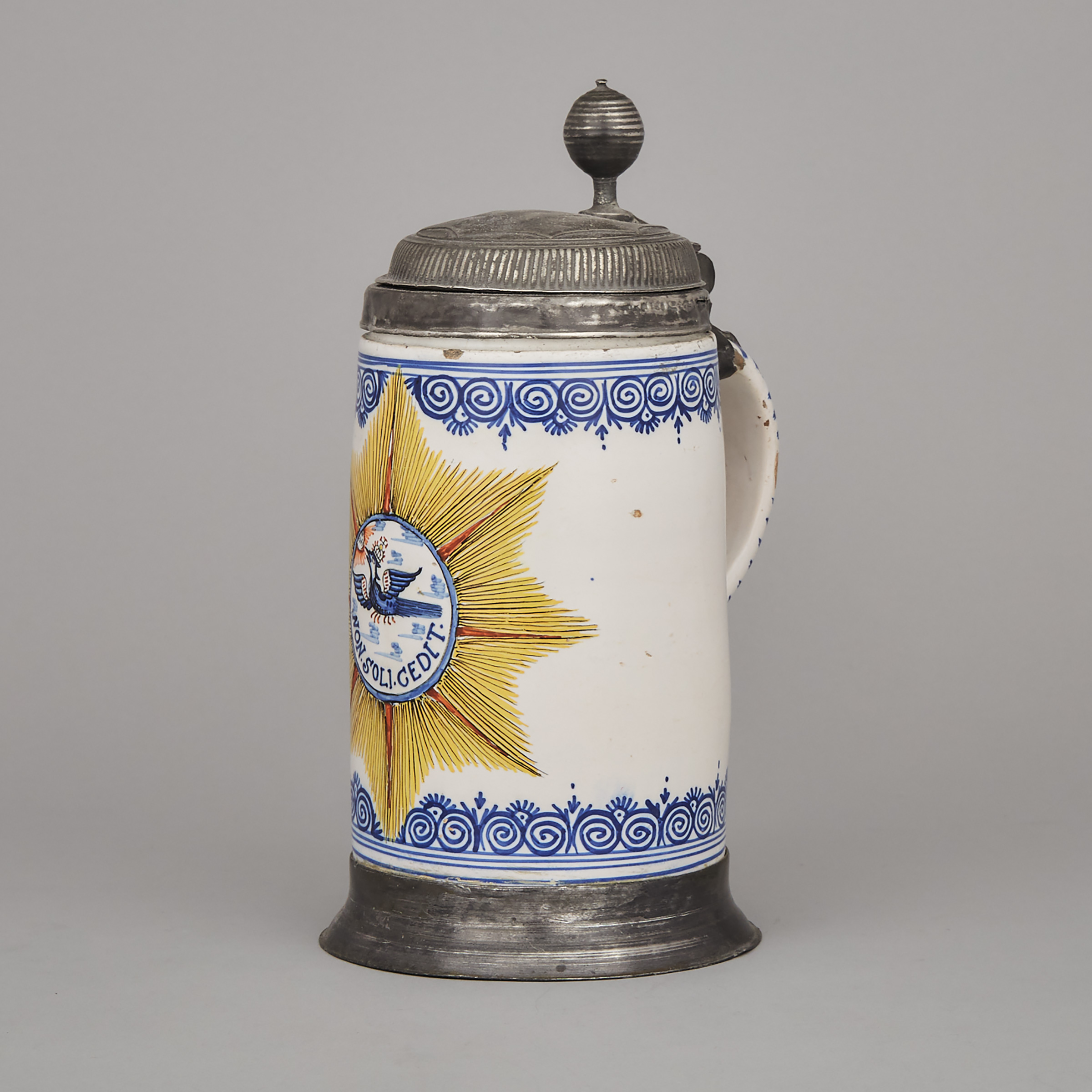 German Pewter Mounted Faience Stein, 18th century
