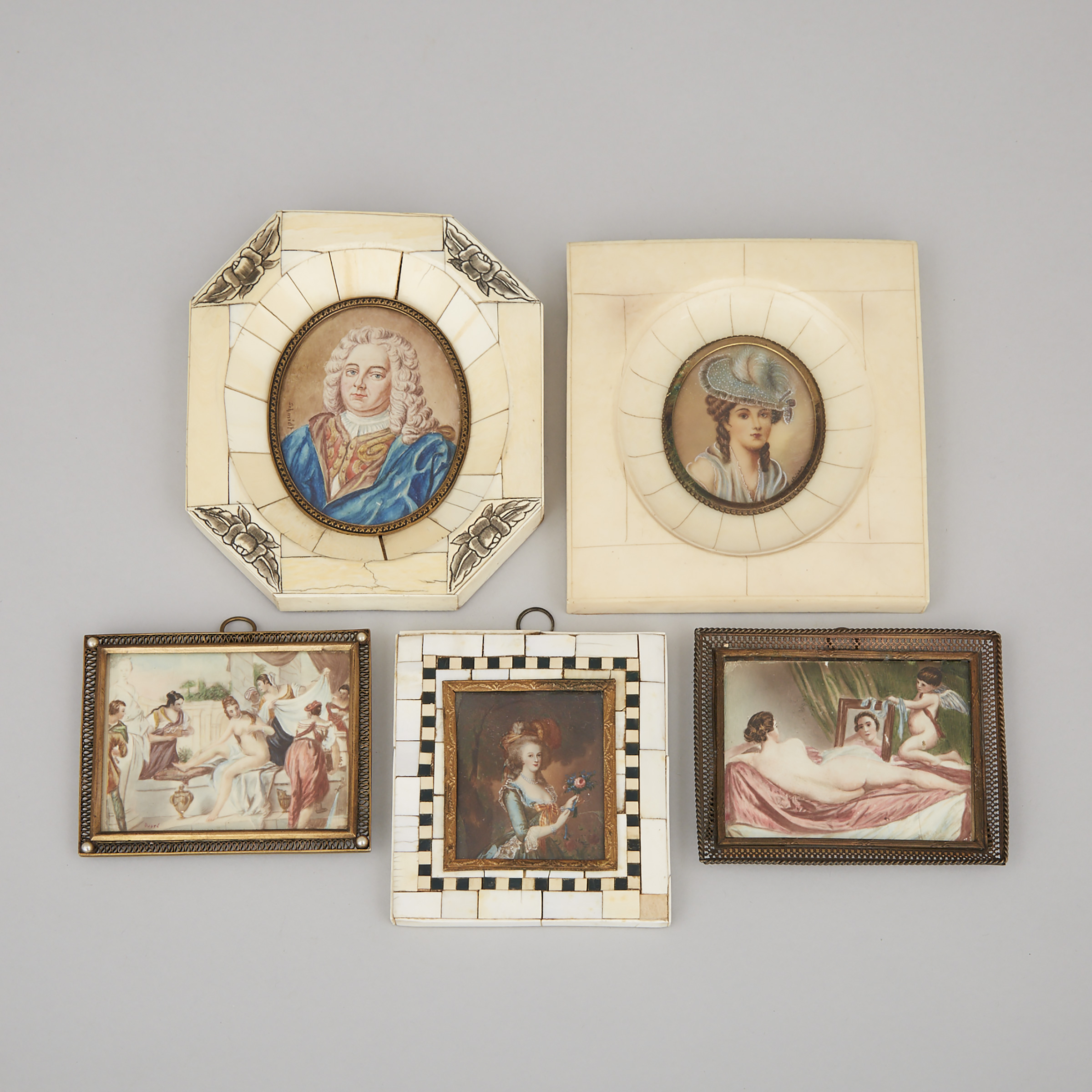 Group of Five Miniatures on Ivory, 19th/early 20th century 