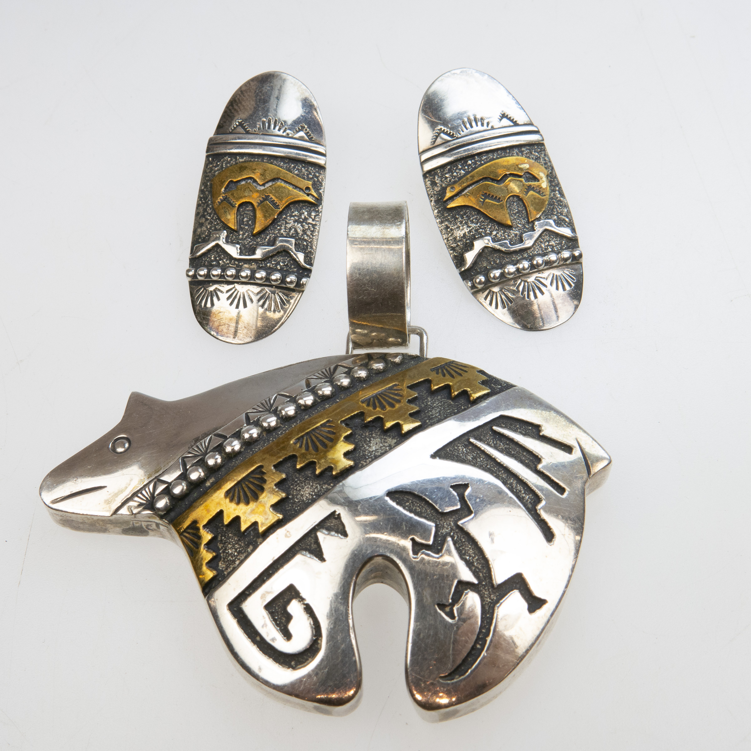 Tommy Singer Navajo Silver With Gold Overlay Pendant And Earrings