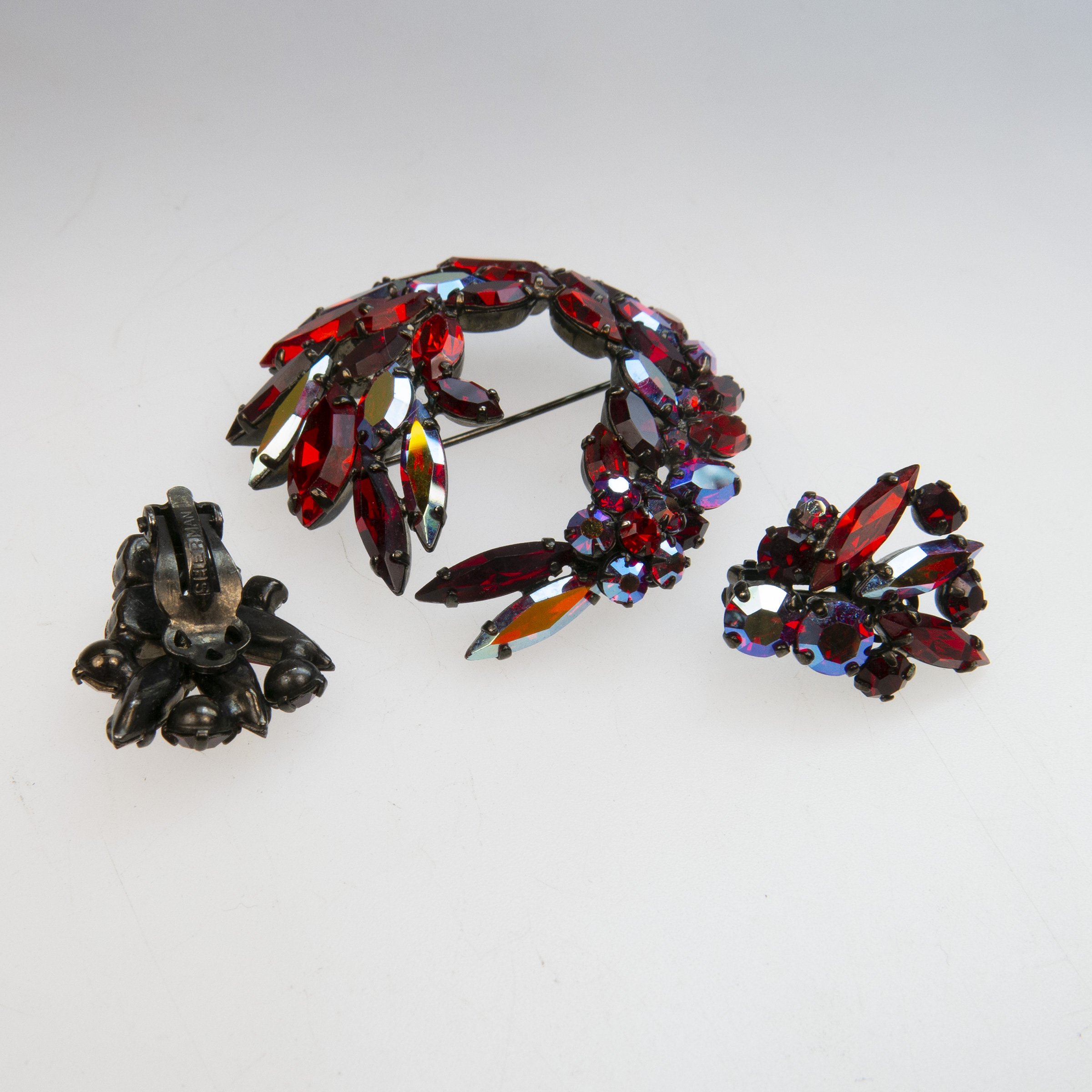 Sherman Japanned-Back Brooch And Matching Earrings