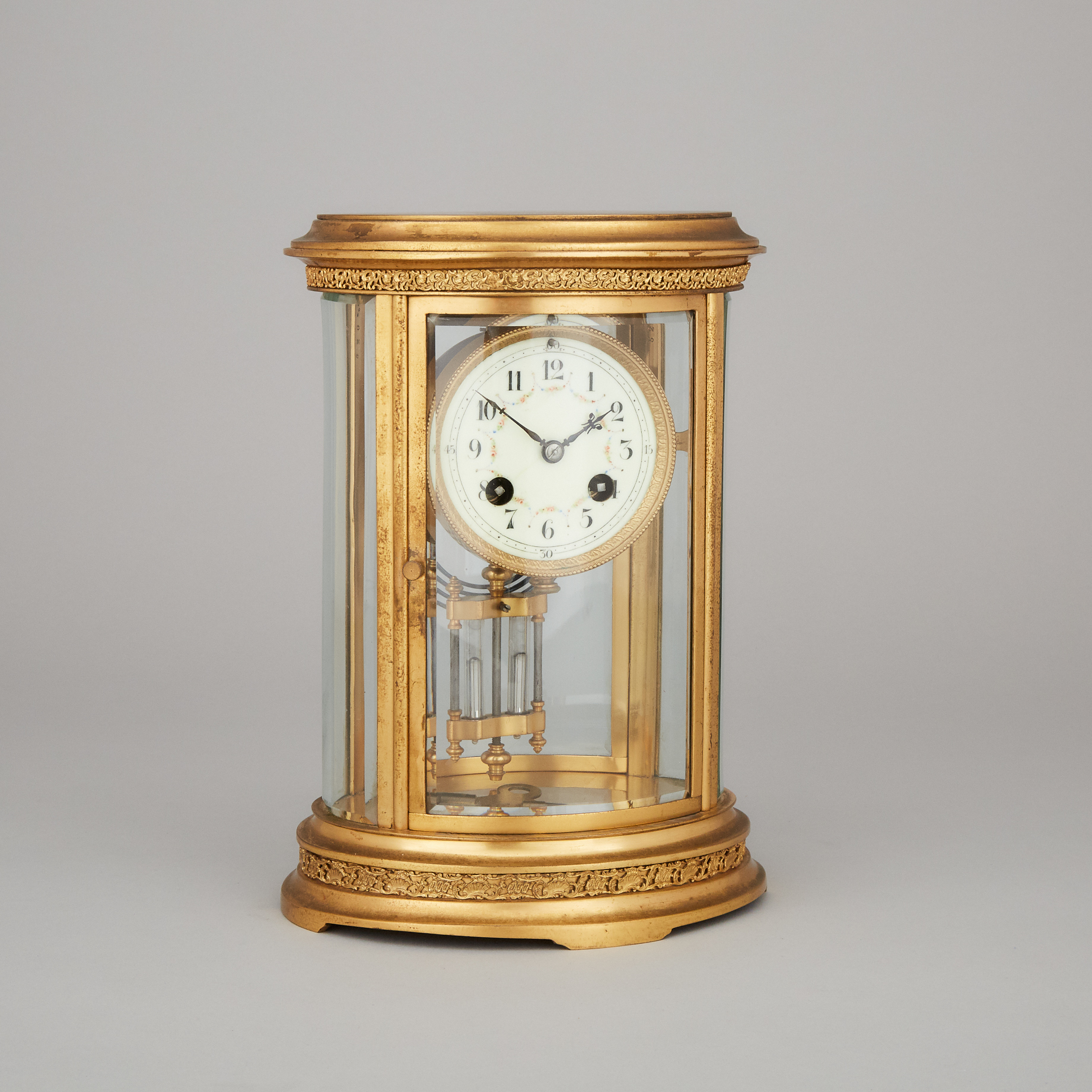 French Oval Four Glass Panel Gilt Brass 'Crystal Regulator' Clock, c.1900