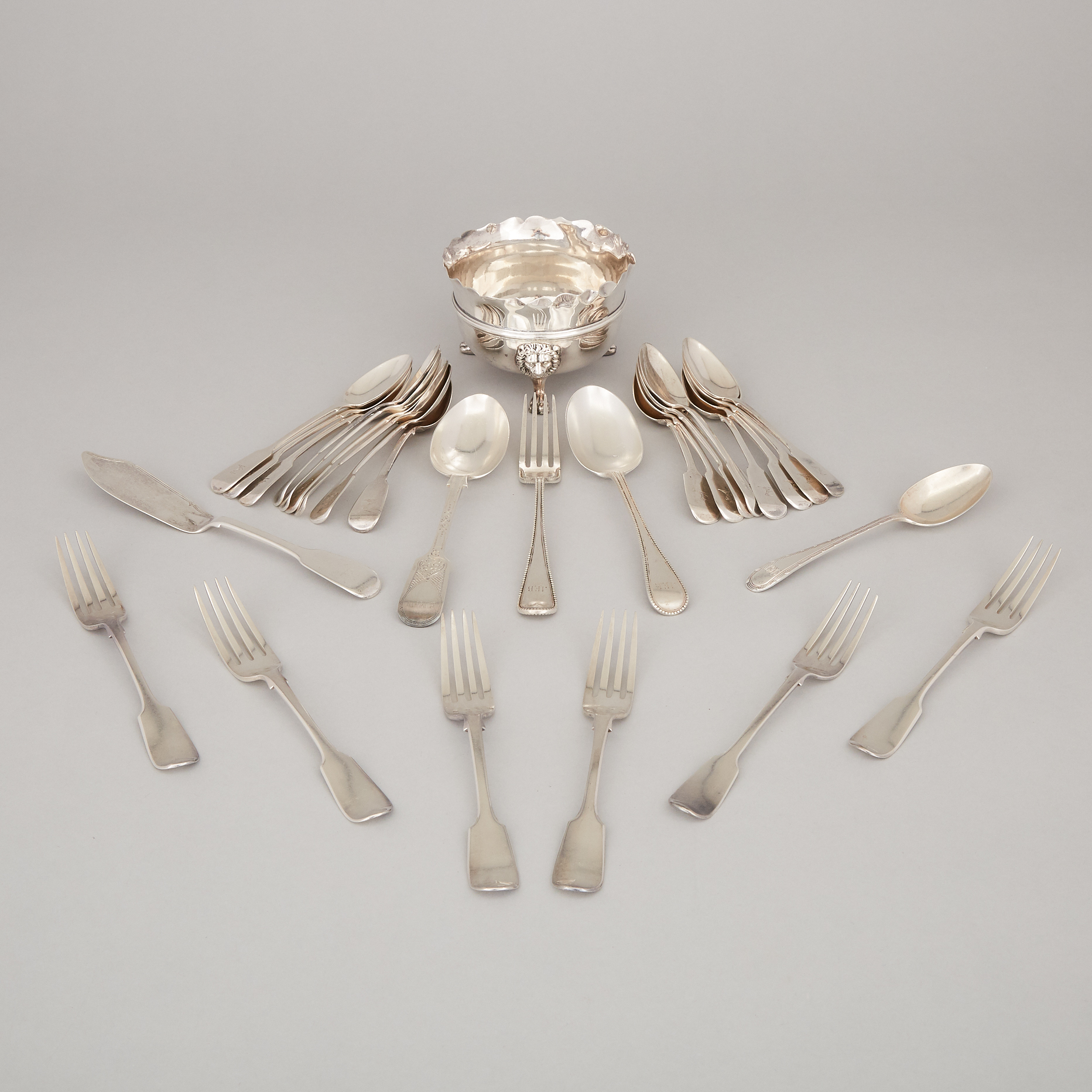 Edwardian Silver Small Bowl, Edward Barnard & Sons, London, 1908, and Twenty-Eight Pieces of Mainly Victorian Flatware, 19th century