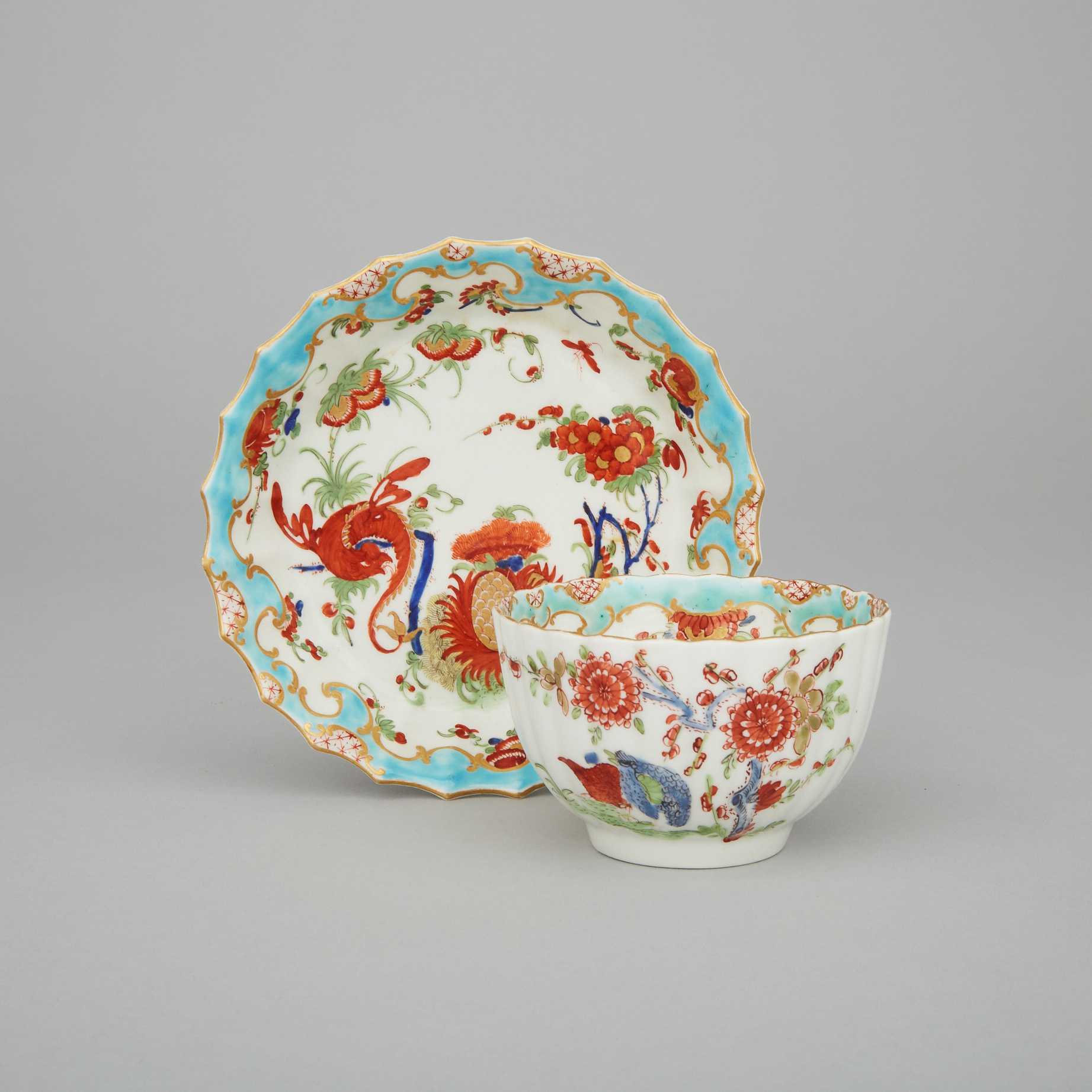 Worcester Fluted 'Two Quail' Pattern Tea Bowl and 'Jabberwocky' Pattern Saucer, c.1770