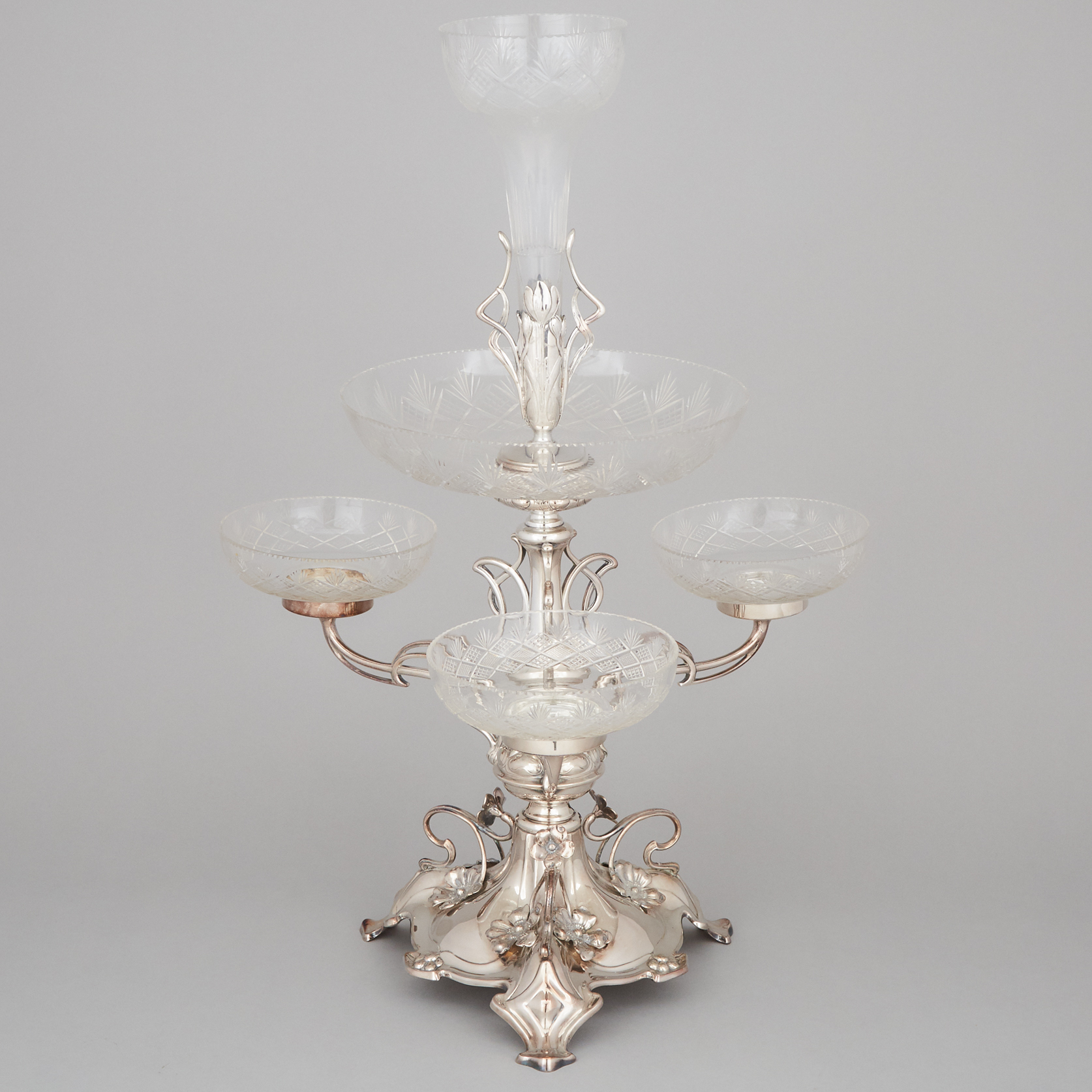 Art Nouveau Silver Plated and Cut Glass Epergne, c.1900