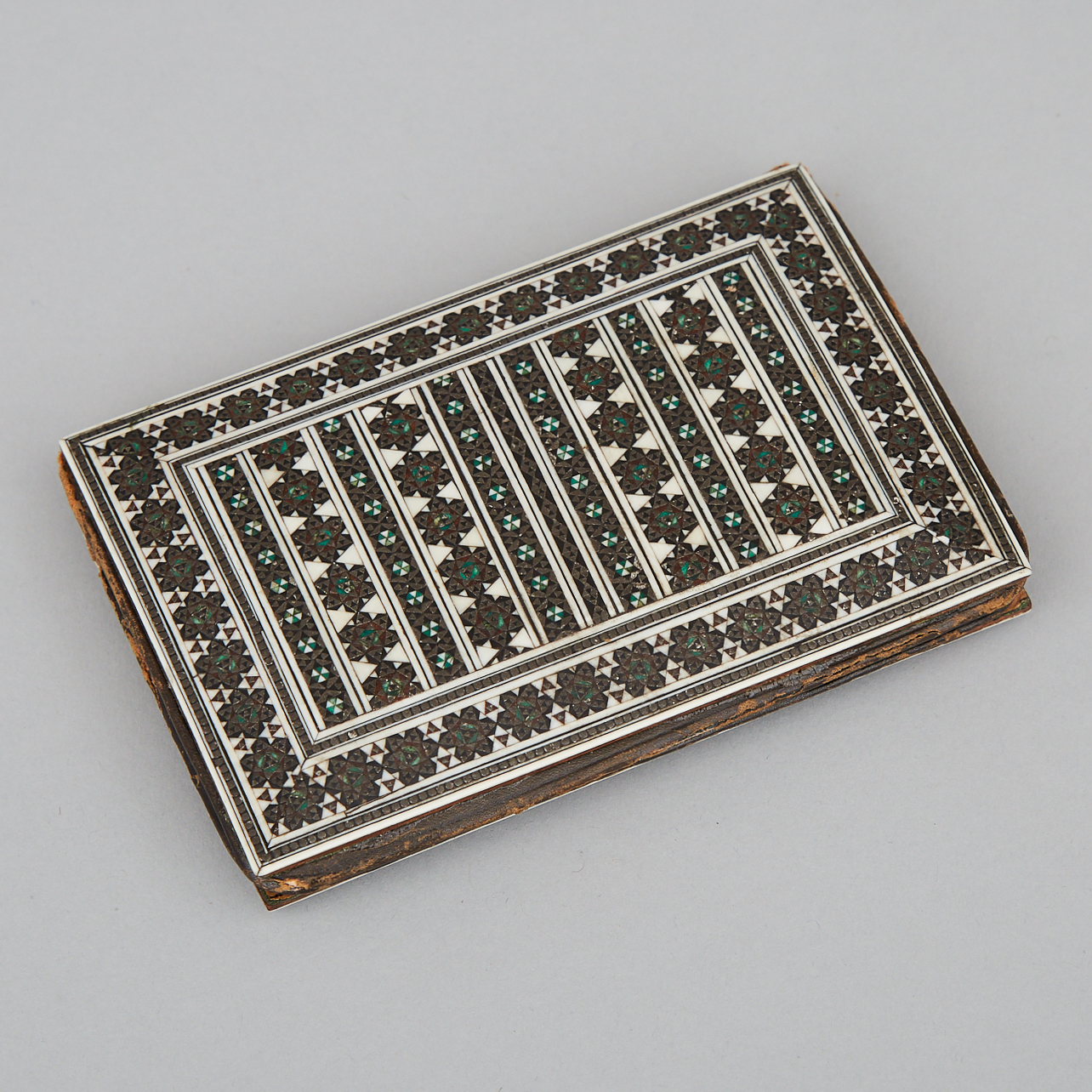 Anglo-Indian Silver, Bone, Turquoise and Ebony Micro Mosaic Inlaid Card and Stamp Case, Vizagaptam, early 20th century