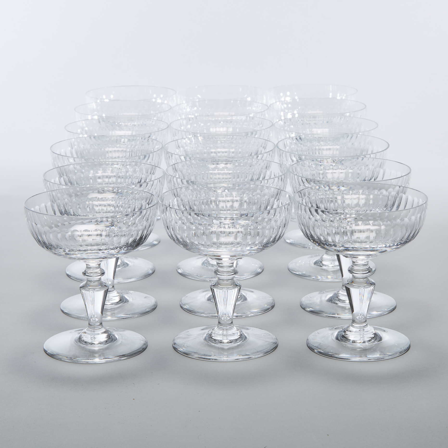 Eighteen Baccarat 'Renaissance' Cut Glass Champagne Coupes, 20th century