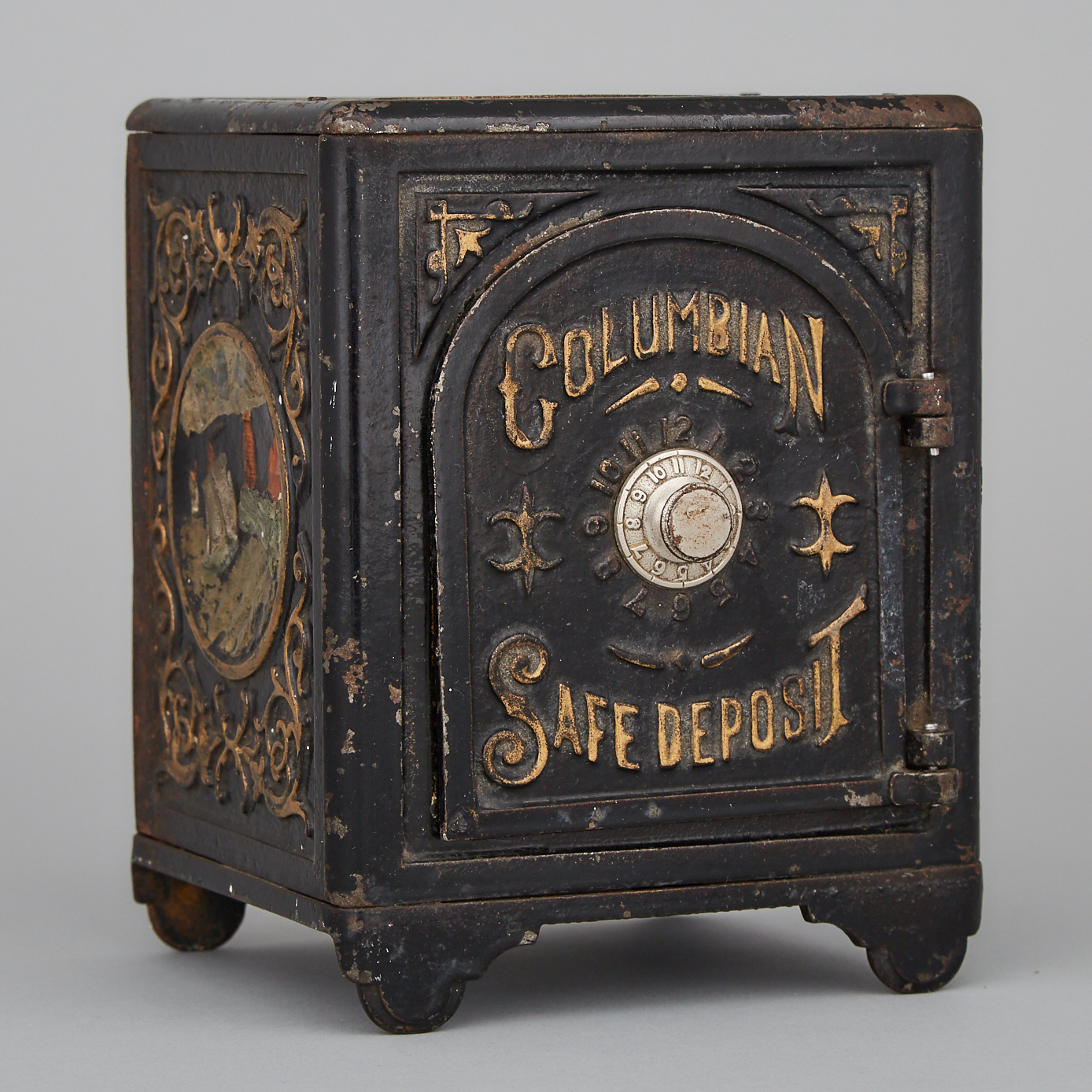 American Painted Cast Iron 'Columbian Safe Deposit' Still Bank, c.1893