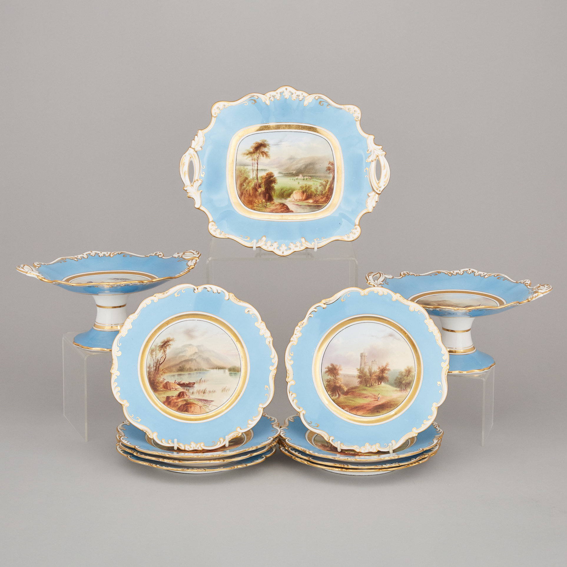 English Blue and Gilt Bordered Topographical Dessert Service, probably Ridgway, mid-19th century