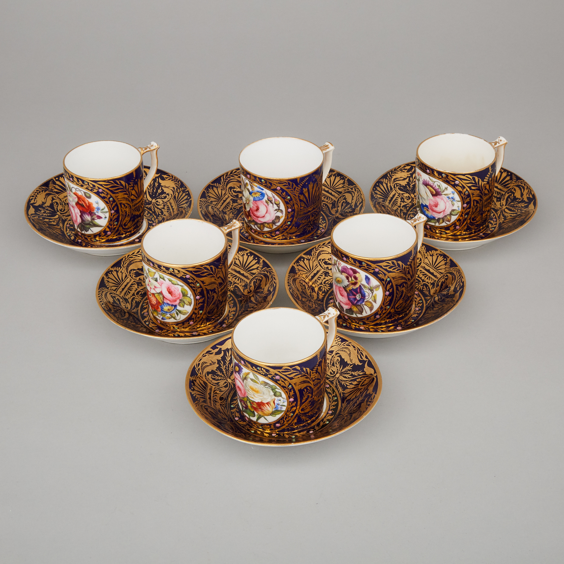 Six Stevenson & Hancock Derby 'Jeweled' Cups and Saucers, late 19th century