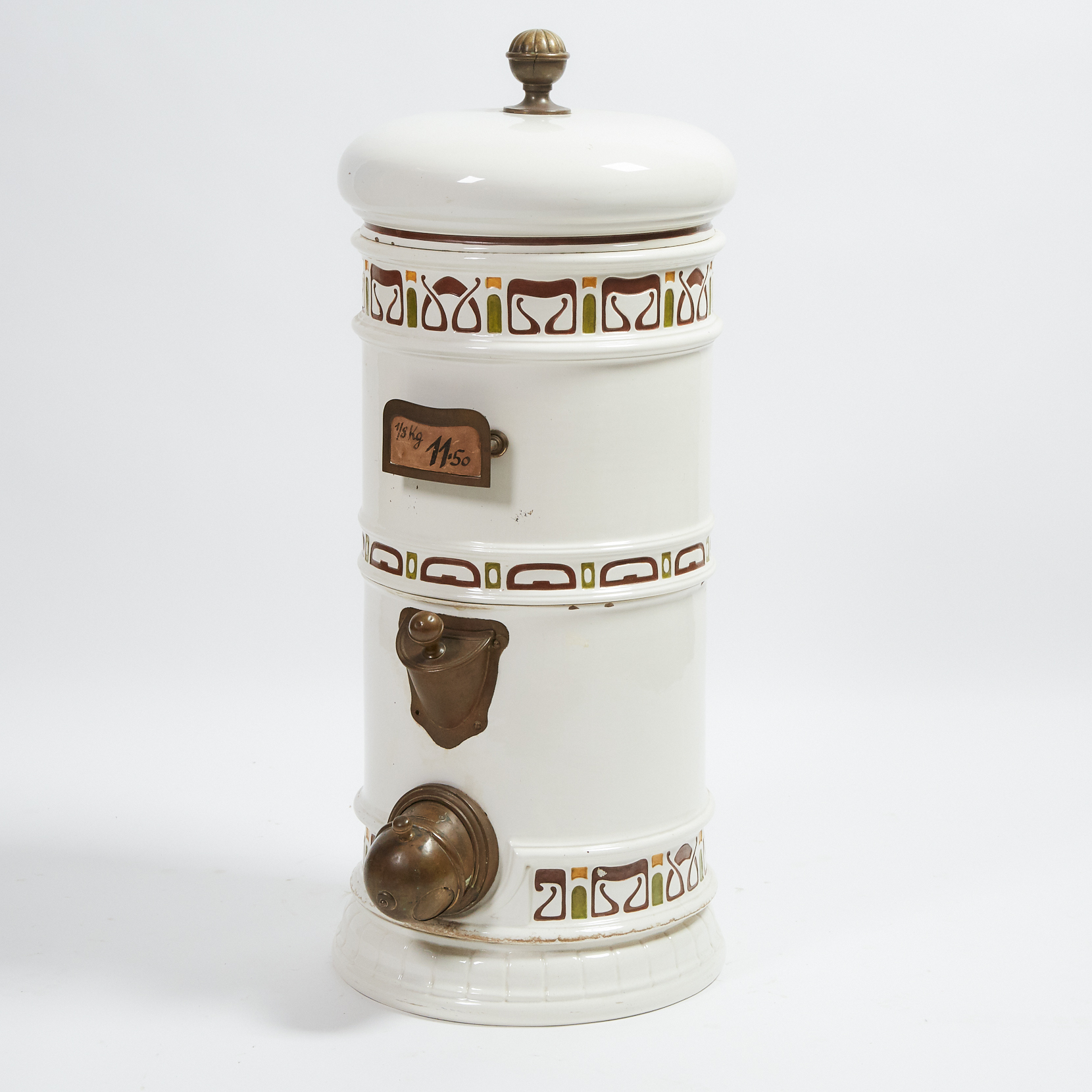 Large German Jungendstil Ceramic and Brass Coffee Bean Hopper, Frigola & Co., Breslau, c.1900