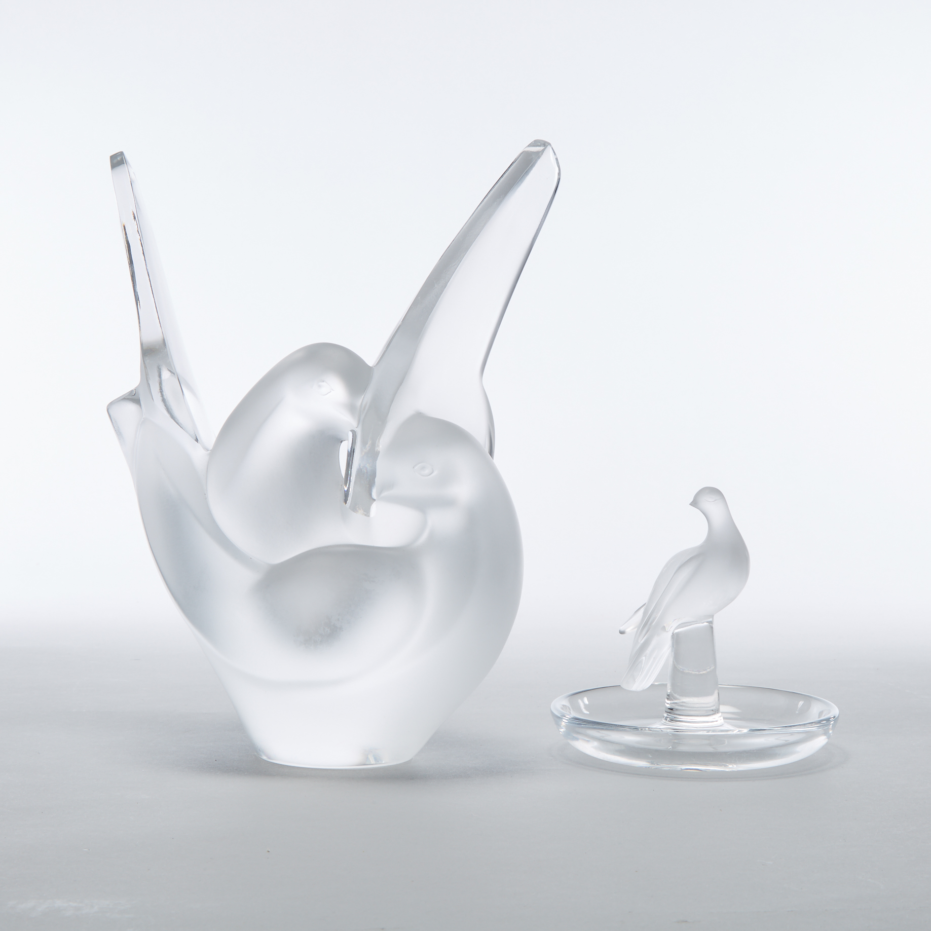 ‘Sylvie’, Lalique Moulded and Frosted Glass Vase and 'Charis', Dove Ring Tray, post-1978