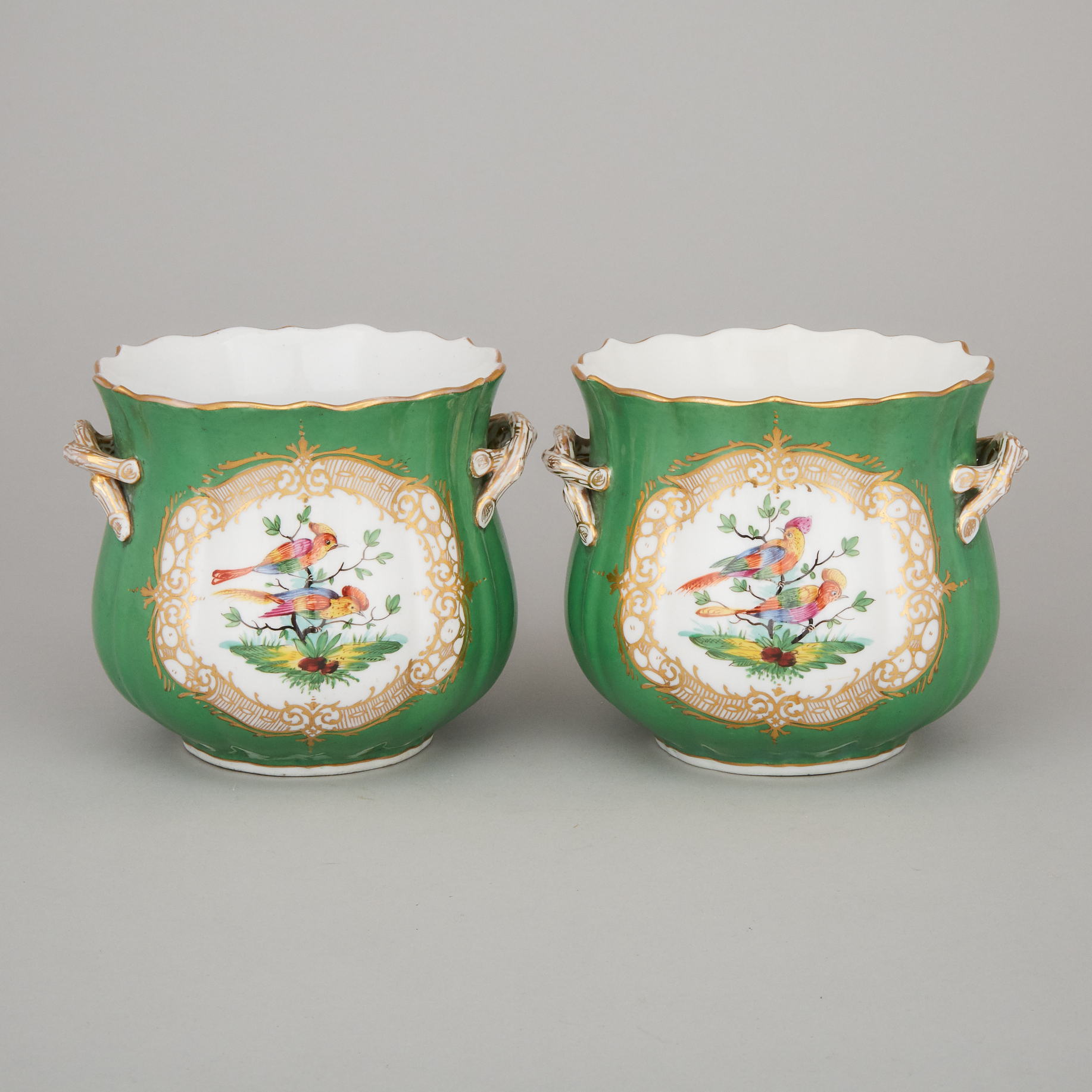 Pair of French Porcelain Apple Green and Gilt Cache Pots, early 20th century