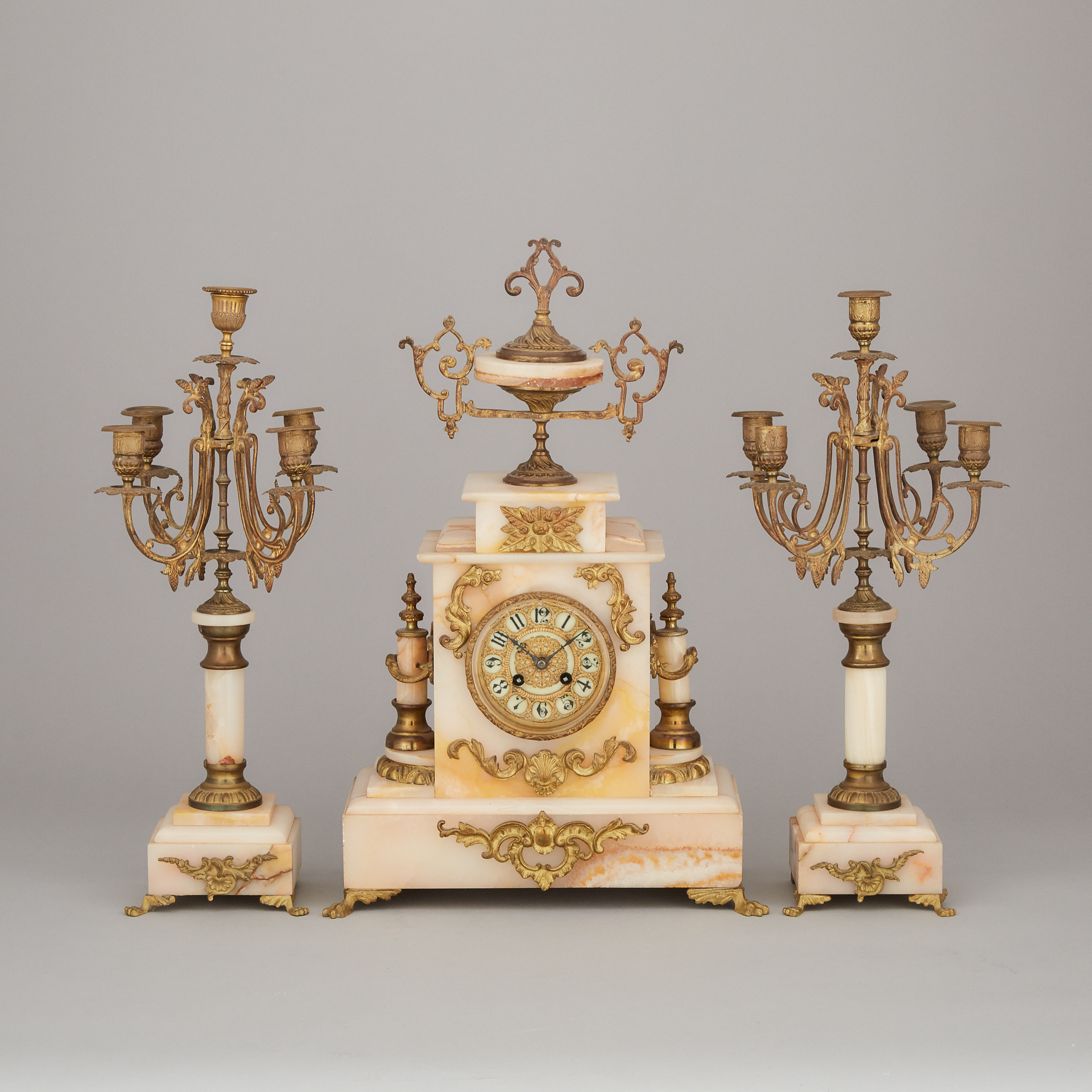 French Ormolu Mounted Onyx Mantel Clock Garniture, late 19th century
