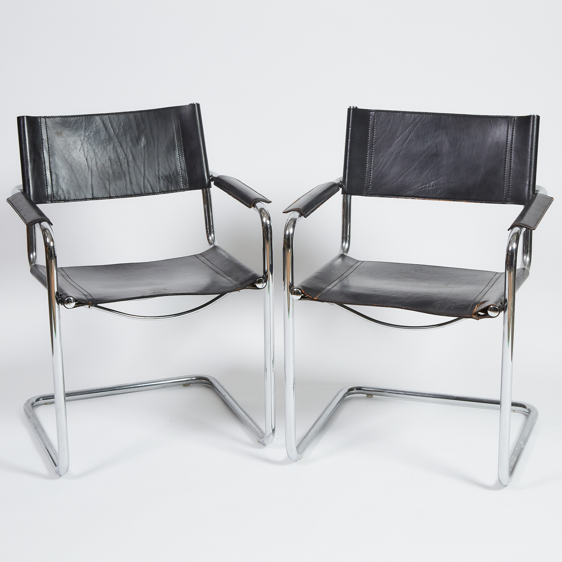 Pair of Contemporary Chrome and Leather Arm Chairs, c.1984