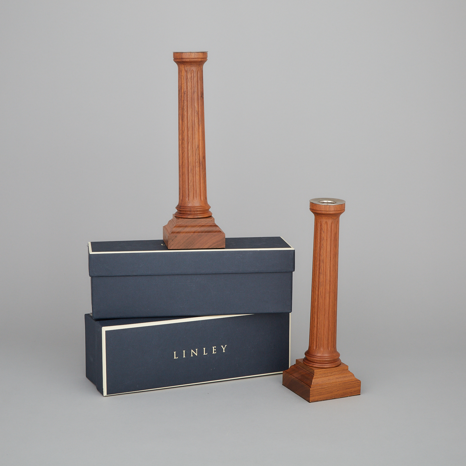 Pair of (David) Linley Mahogany Fluted Column Form Candlesticks, Modern