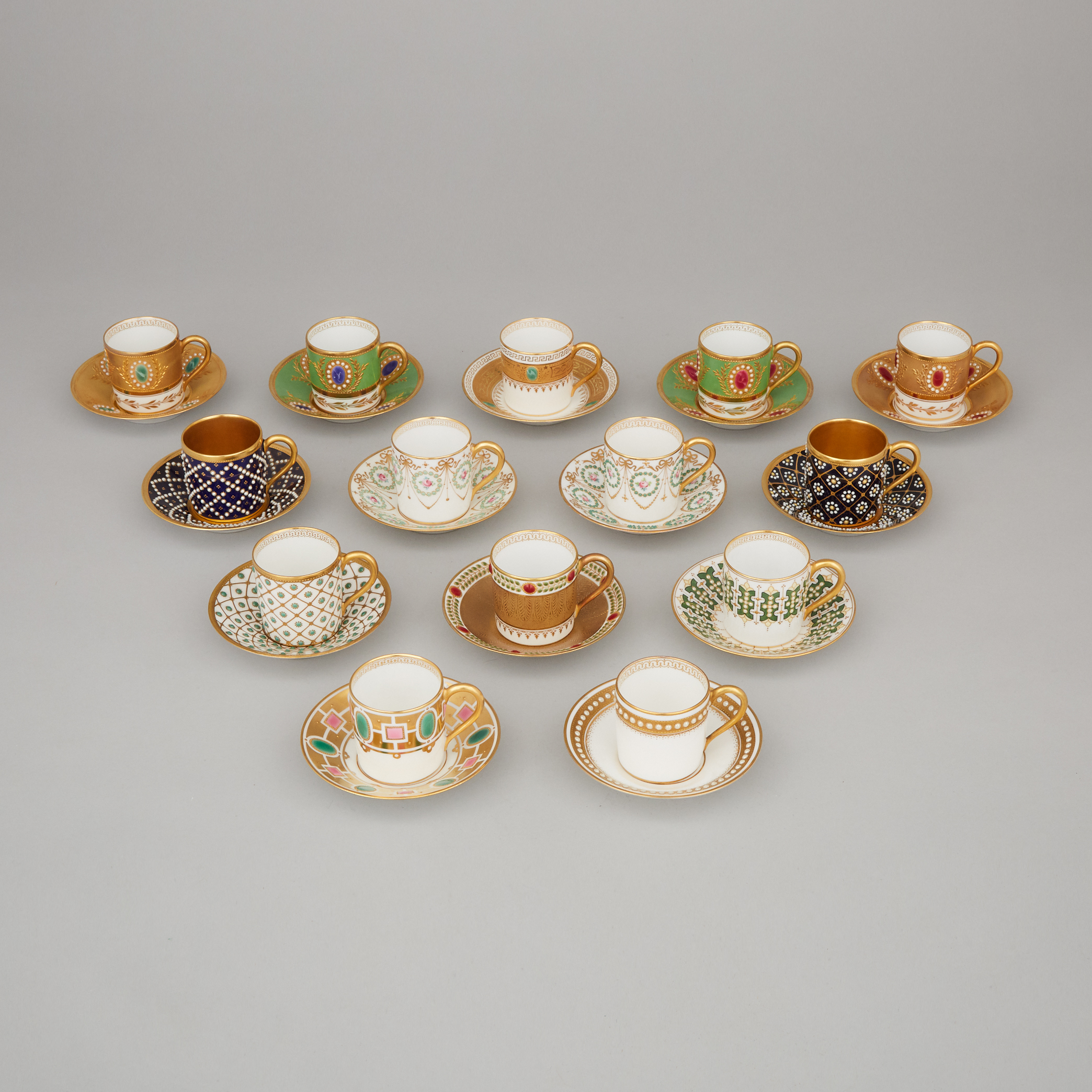 Set of Fourteen Raynaud Limoges 'Jeweled' Demi-Tasse Cups and Saucers, early 20th century