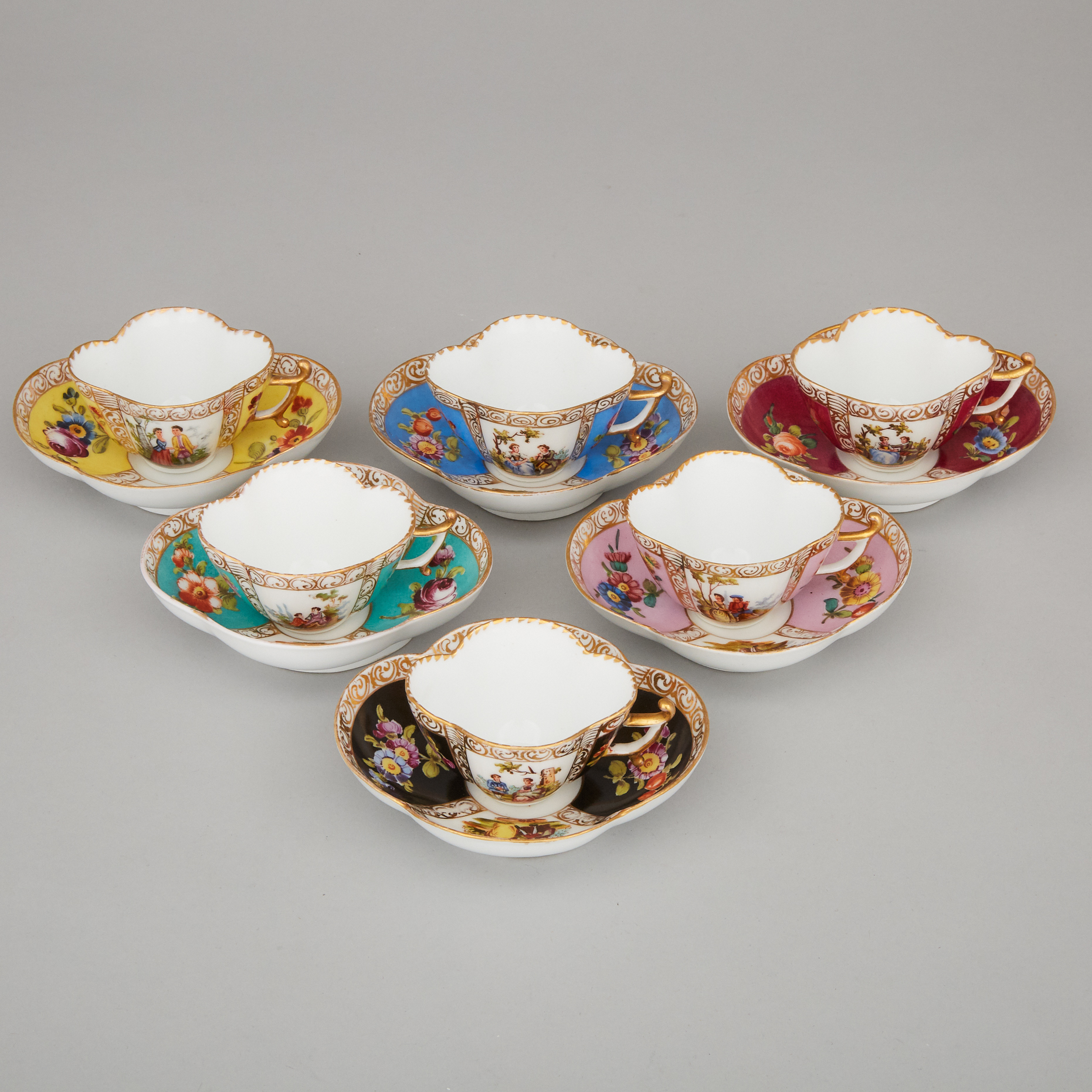 Dresden Harlequin Set of Six Coffee Cups and Saucers, early 20th century