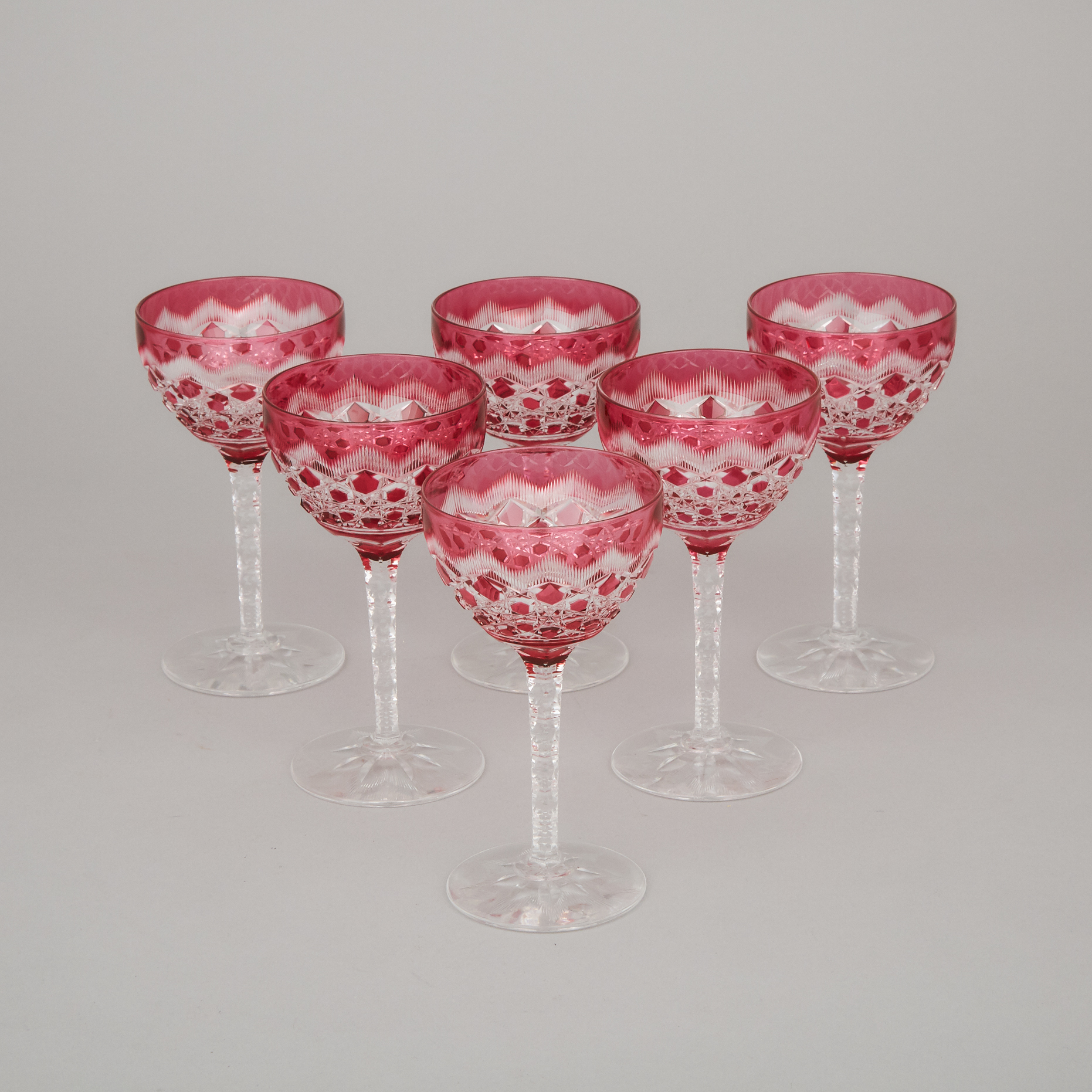 Six Bohemian Red Overlaid and Cut Glass Wine Glasses, early 20th century