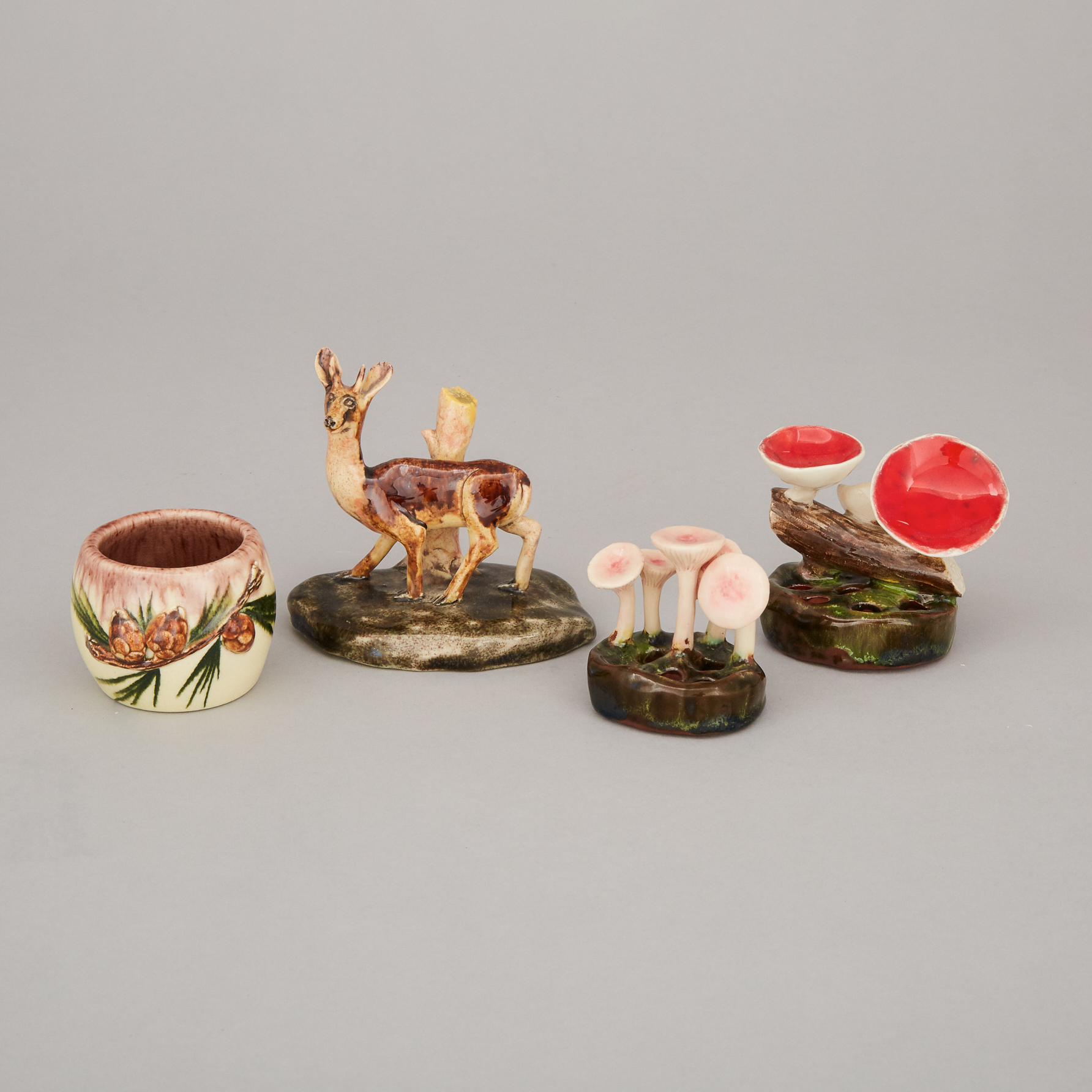 Two Lorenzens Pottery Mycological Groups, Model of a Deer and a Small Pinecone Vase, 20th century