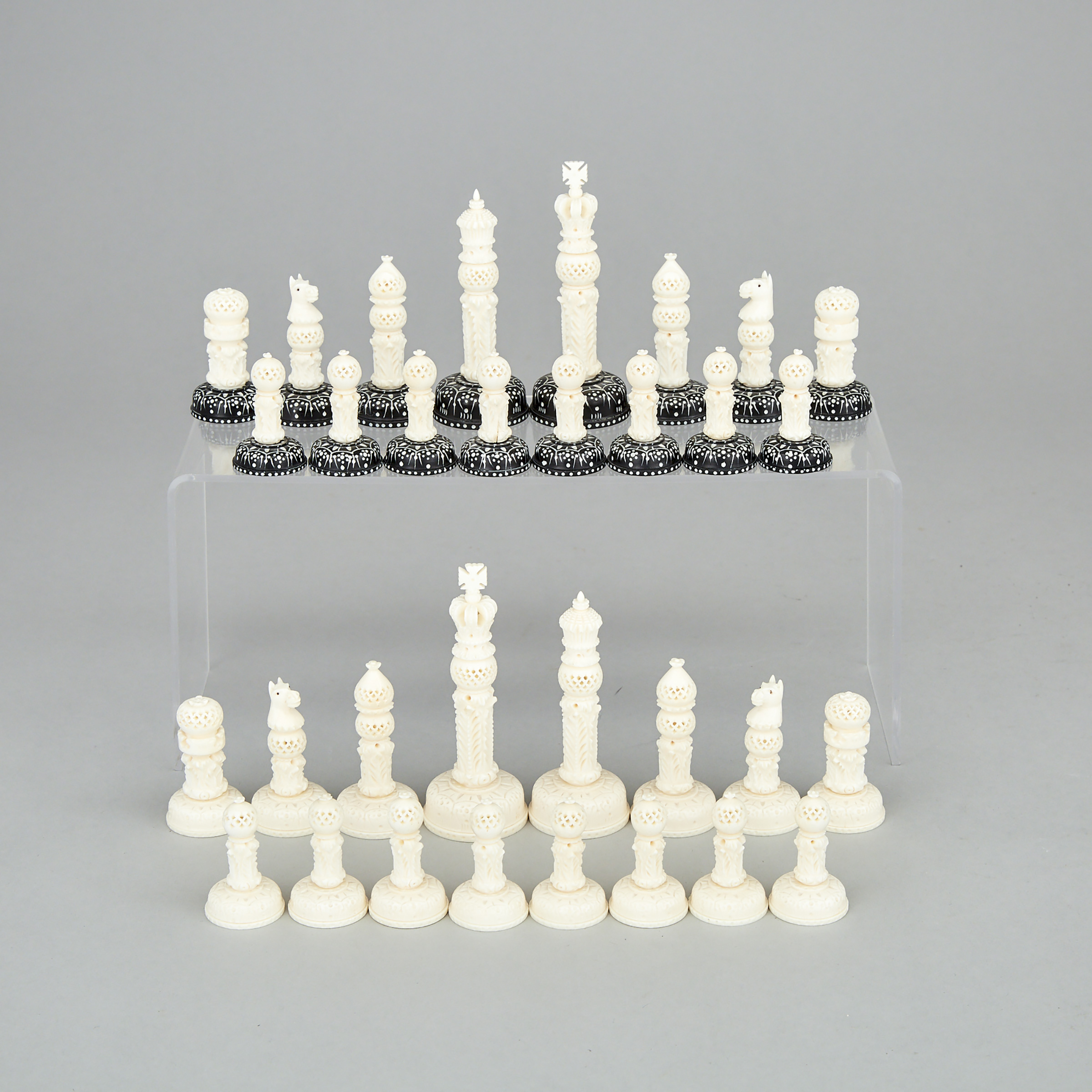 Indian Ivory Pierce Carved Chess Set, early-mid 20th century